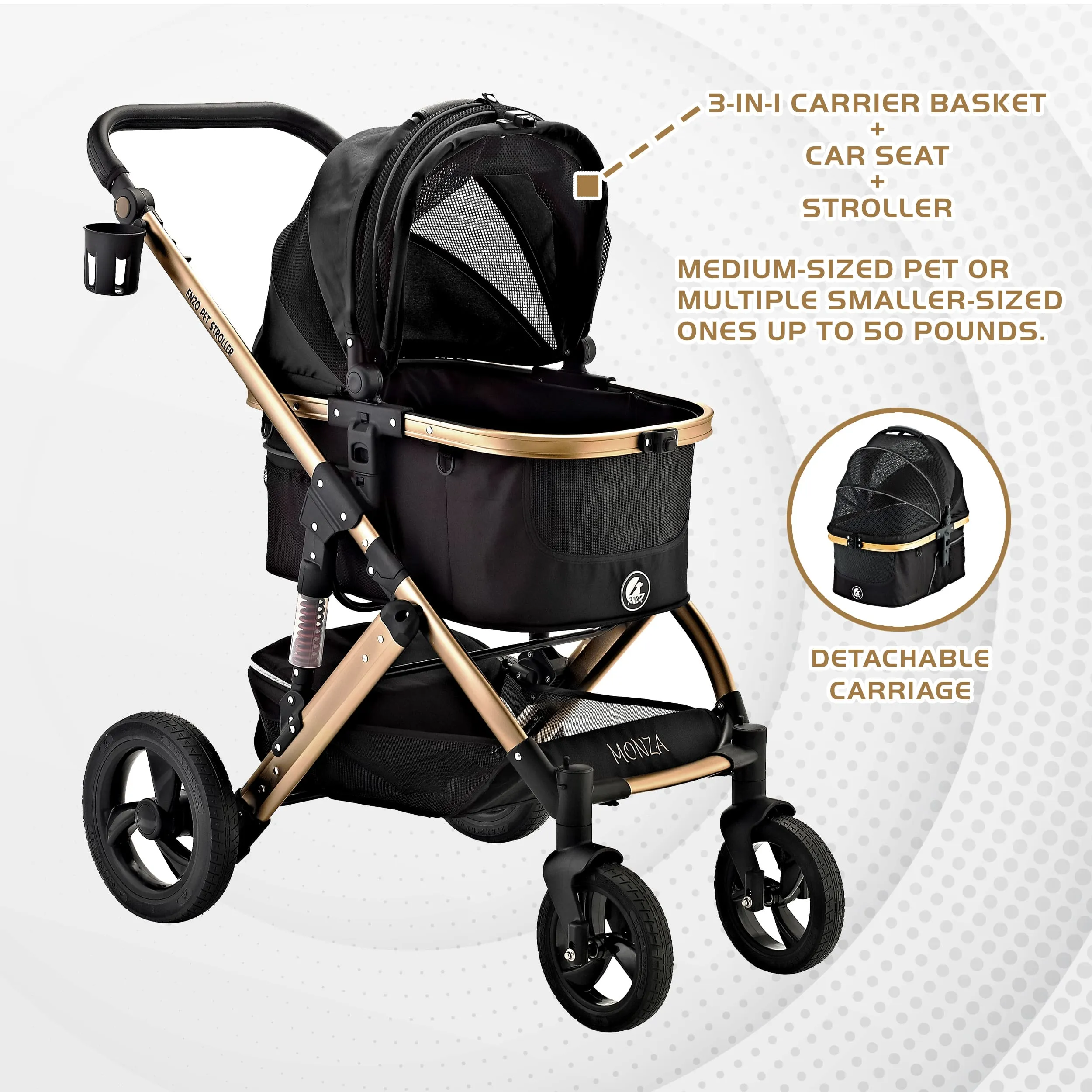 Monza Luxury 3-in-1 Travel Pet Stroller: Ultimate Convenience for Small/Medium Dogs & Cats - Detachable Carrier, Pump-Free Tires, Aluminum Frame!
