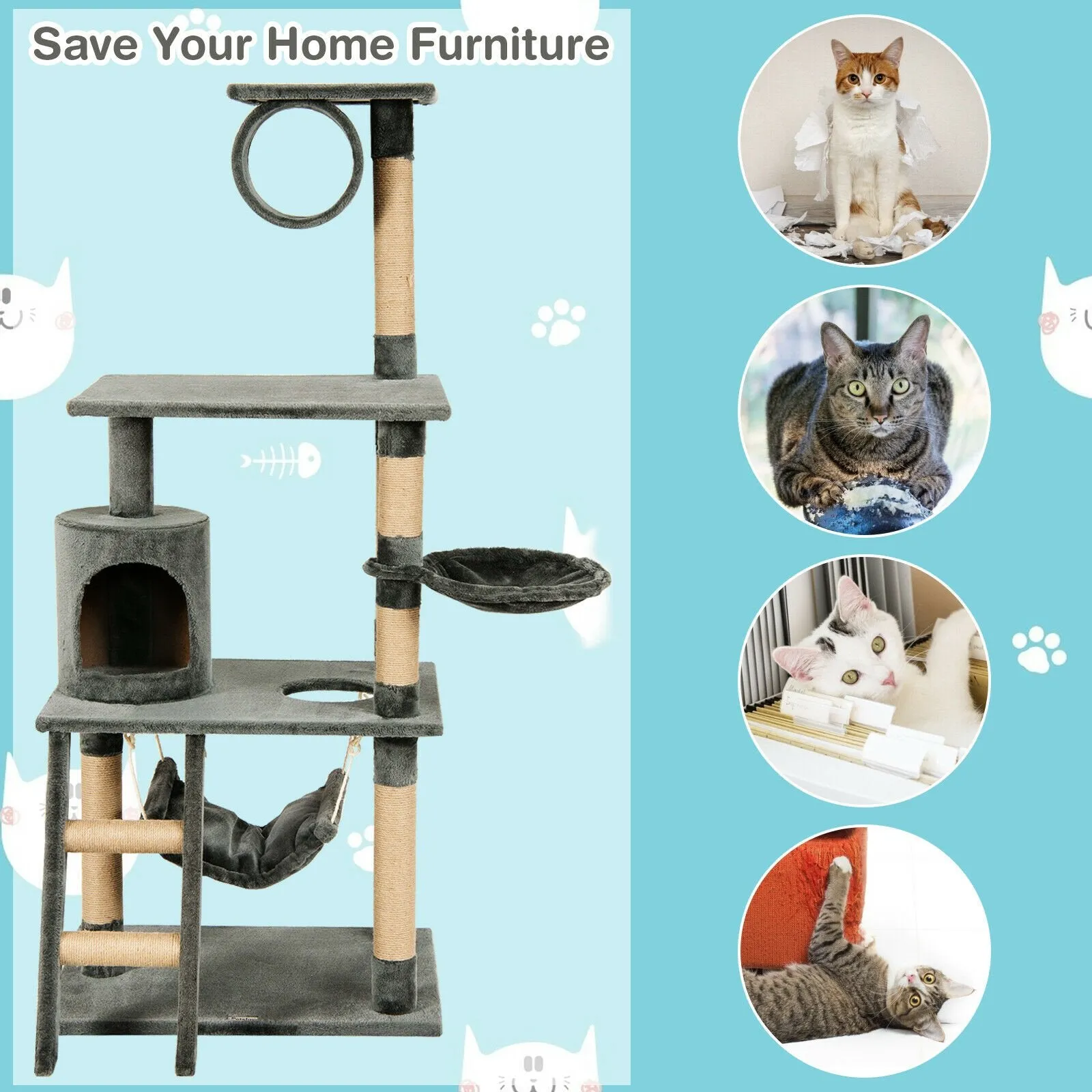 Multi-Level Cat Scratch Post Tree-Grey