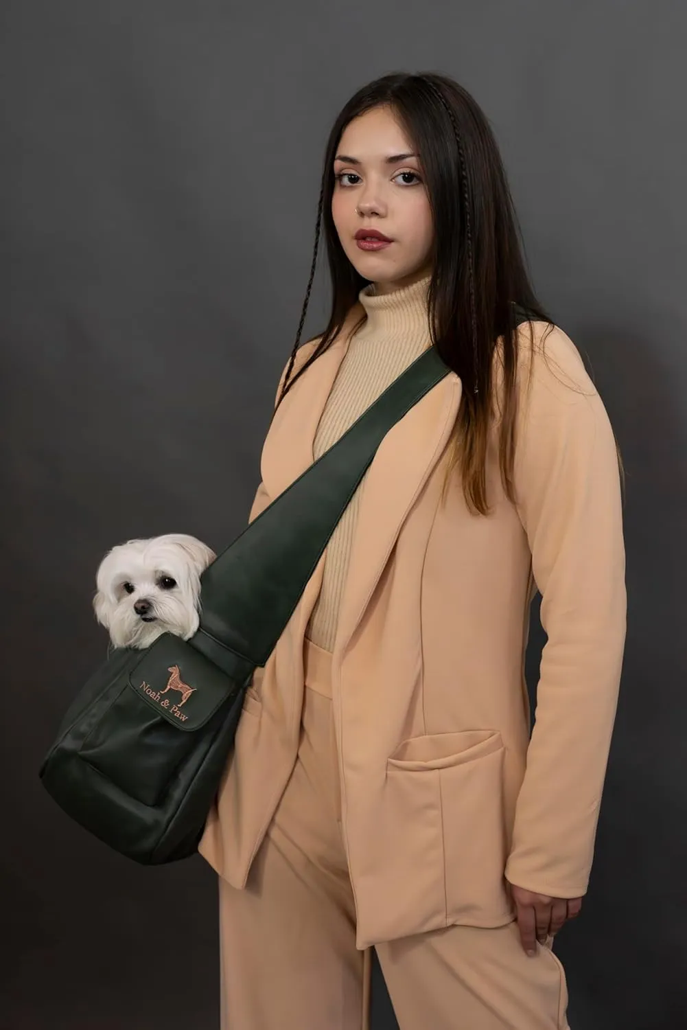 Noah & Paw Dog Sling Carrier for Small Dogs 5-18lb, Dog Sling for Small Dogs and Cats, Dog Carrier with Adjustable Padded Strap, Vegan Leather Lined with Fur, Double Safety Feature, Machine Washable