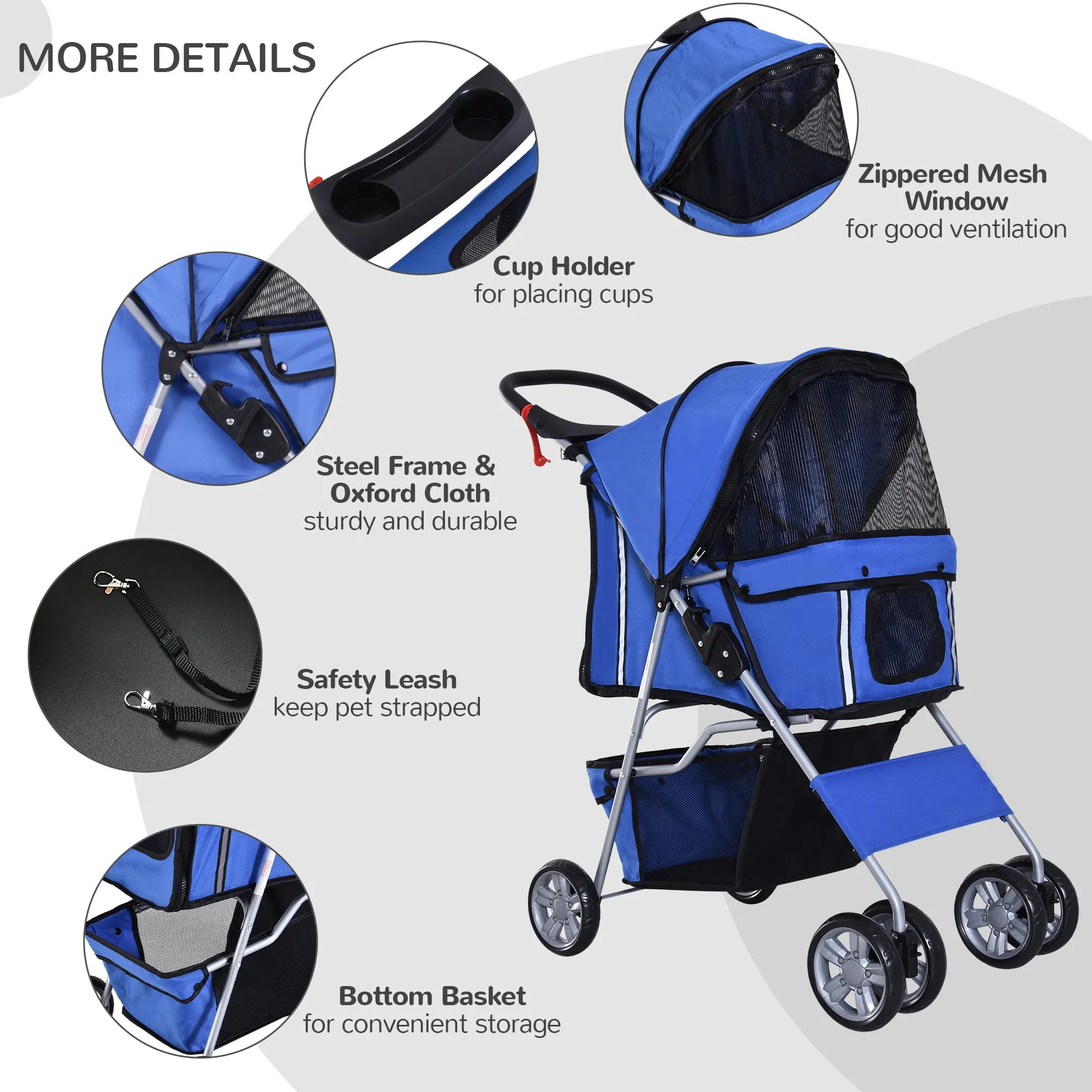 PawHut Dog Pram Pet Stroller Dog Pushchair Foldable Travel Carriage with Wheels Zipper Entry Cup Holder Storage Basket Blue