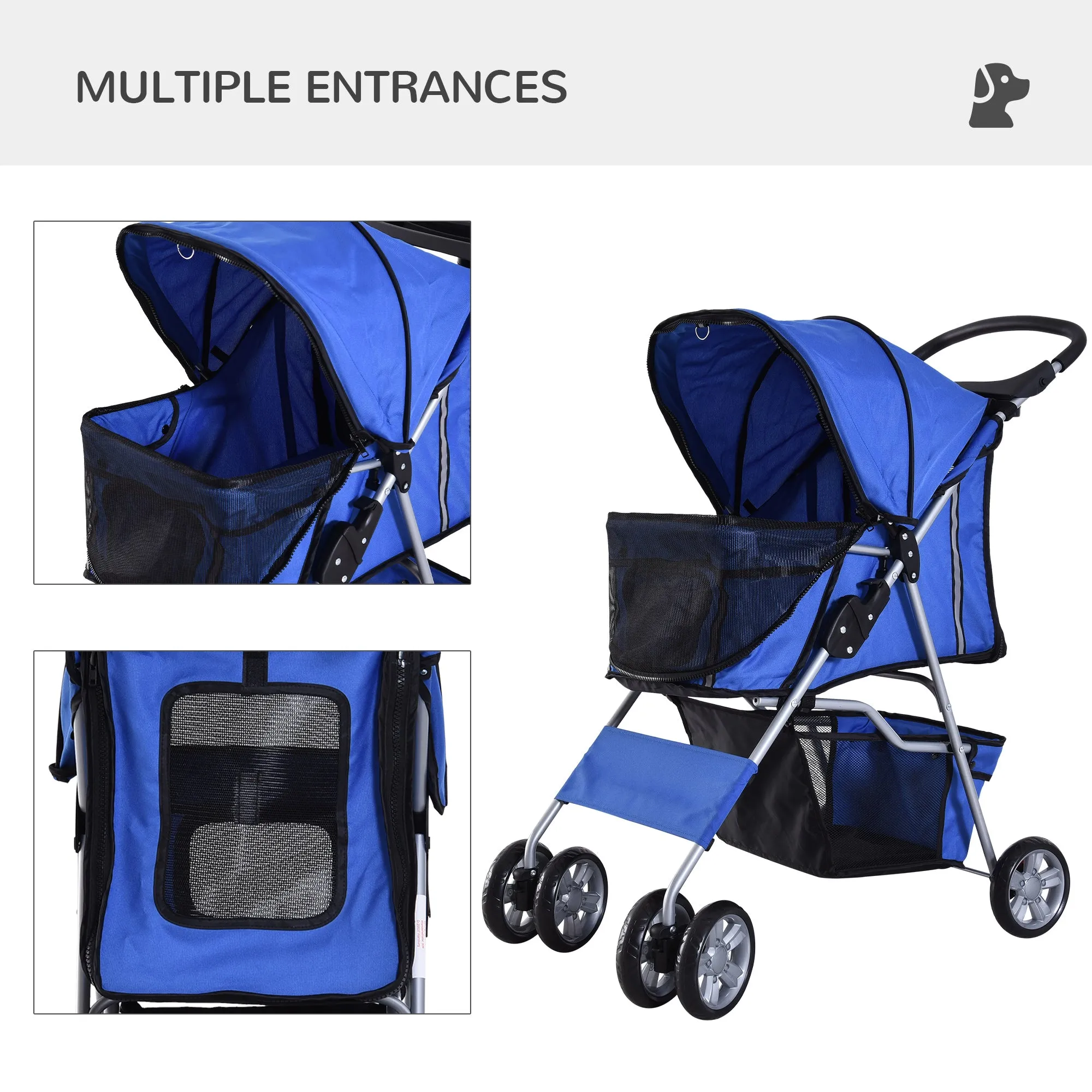 PawHut Dog Pram Pet Stroller Dog Pushchair Foldable Travel Carriage with Wheels Zipper Entry Cup Holder Storage Basket Blue