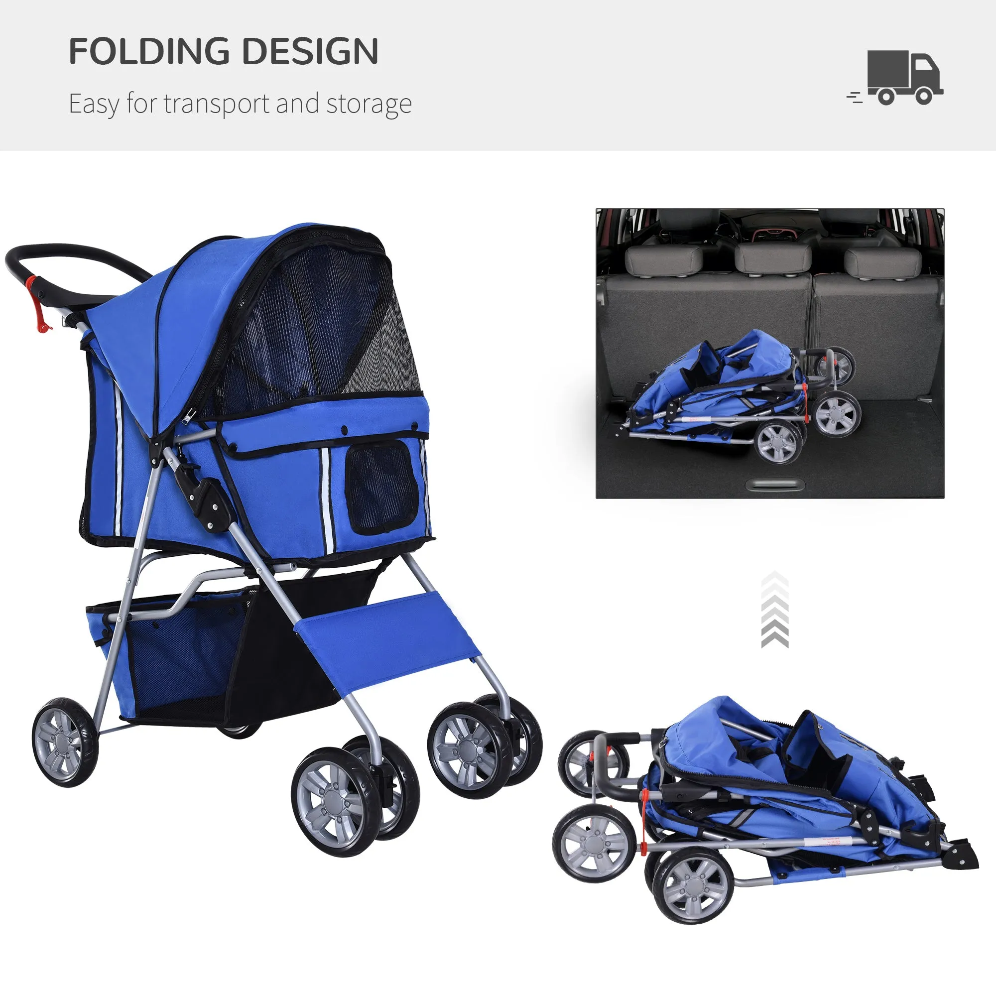 PawHut Dog Pram Pet Stroller Dog Pushchair Foldable Travel Carriage with Wheels Zipper Entry Cup Holder Storage Basket Blue
