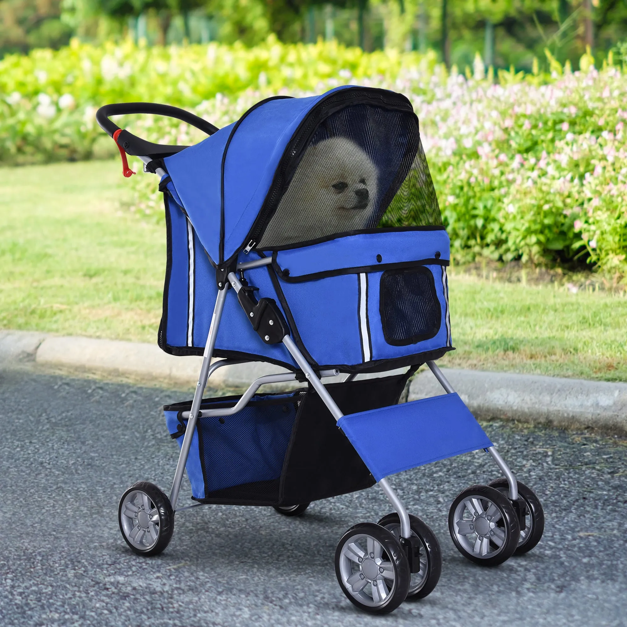 PawHut Dog Pram Pet Stroller Dog Pushchair Foldable Travel Carriage with Wheels Zipper Entry Cup Holder Storage Basket Blue
