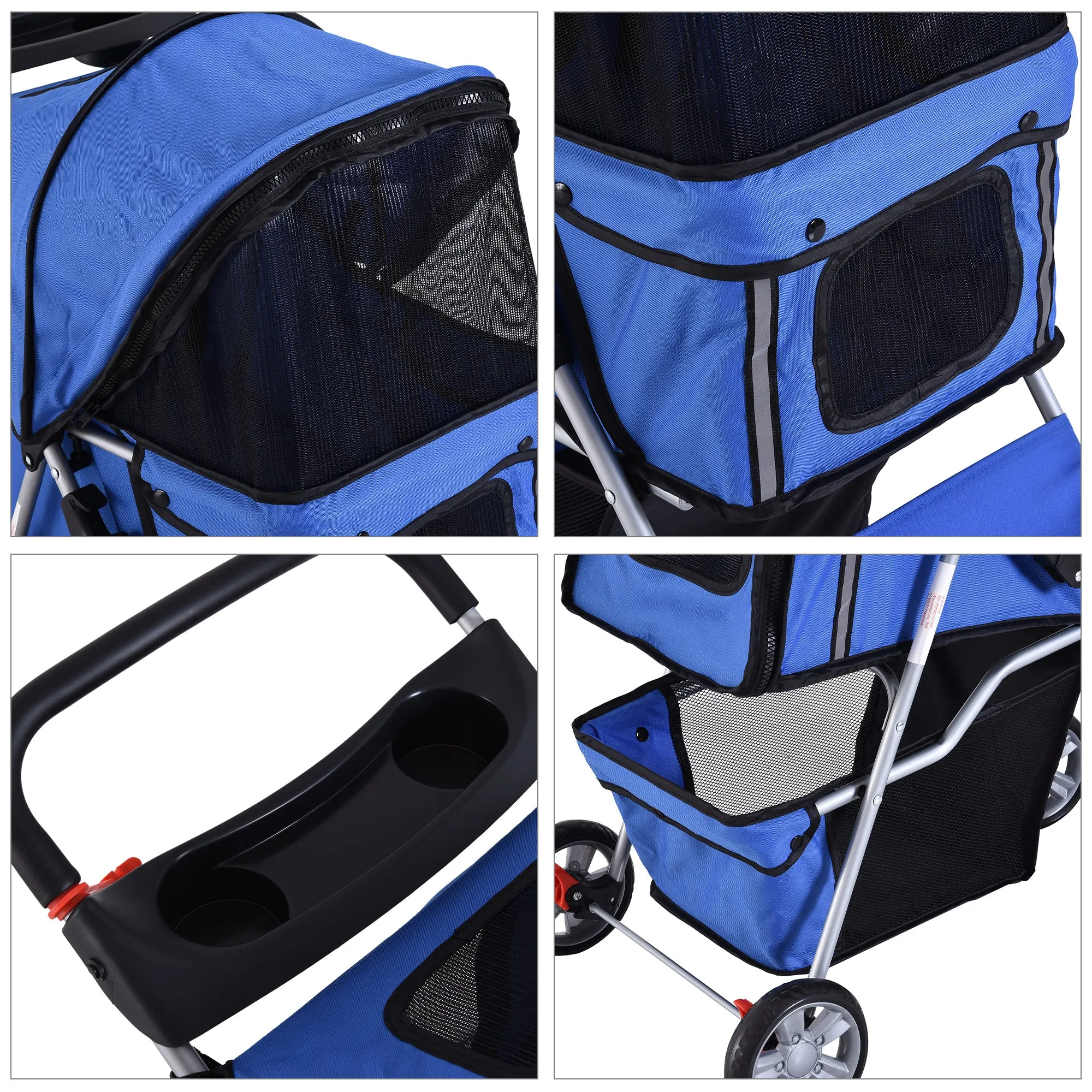 PawHut Dog Pram Pet Stroller Dog Pushchair Foldable Travel Carriage with Wheels Zipper Entry Cup Holder Storage Basket Blue