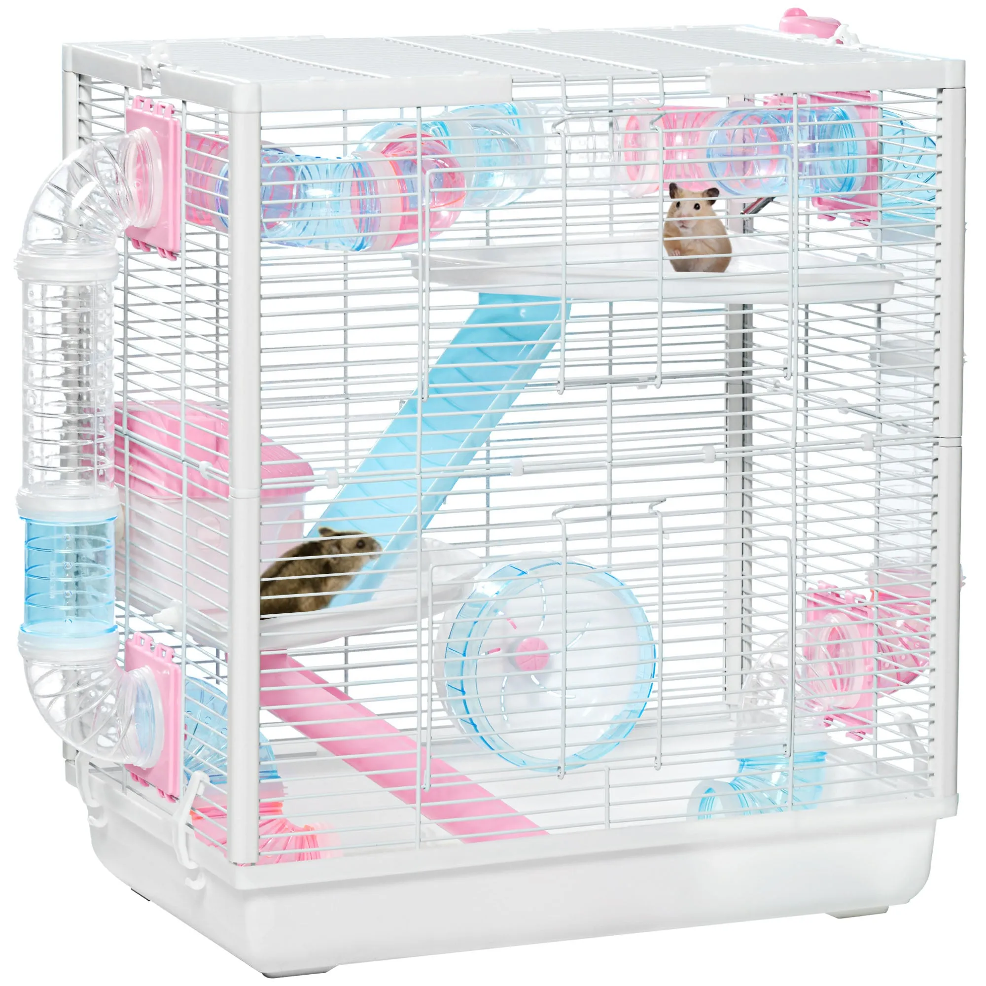 PawHut Hamster Cage w/ Tunnel Tube, Detachable Bottom, Ramps, Exercise Wheel