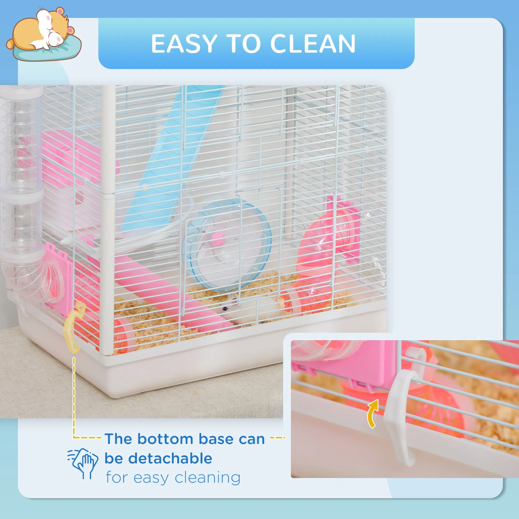 PawHut Hamster Cage w/ Tunnel Tube, Detachable Bottom, Ramps, Exercise Wheel