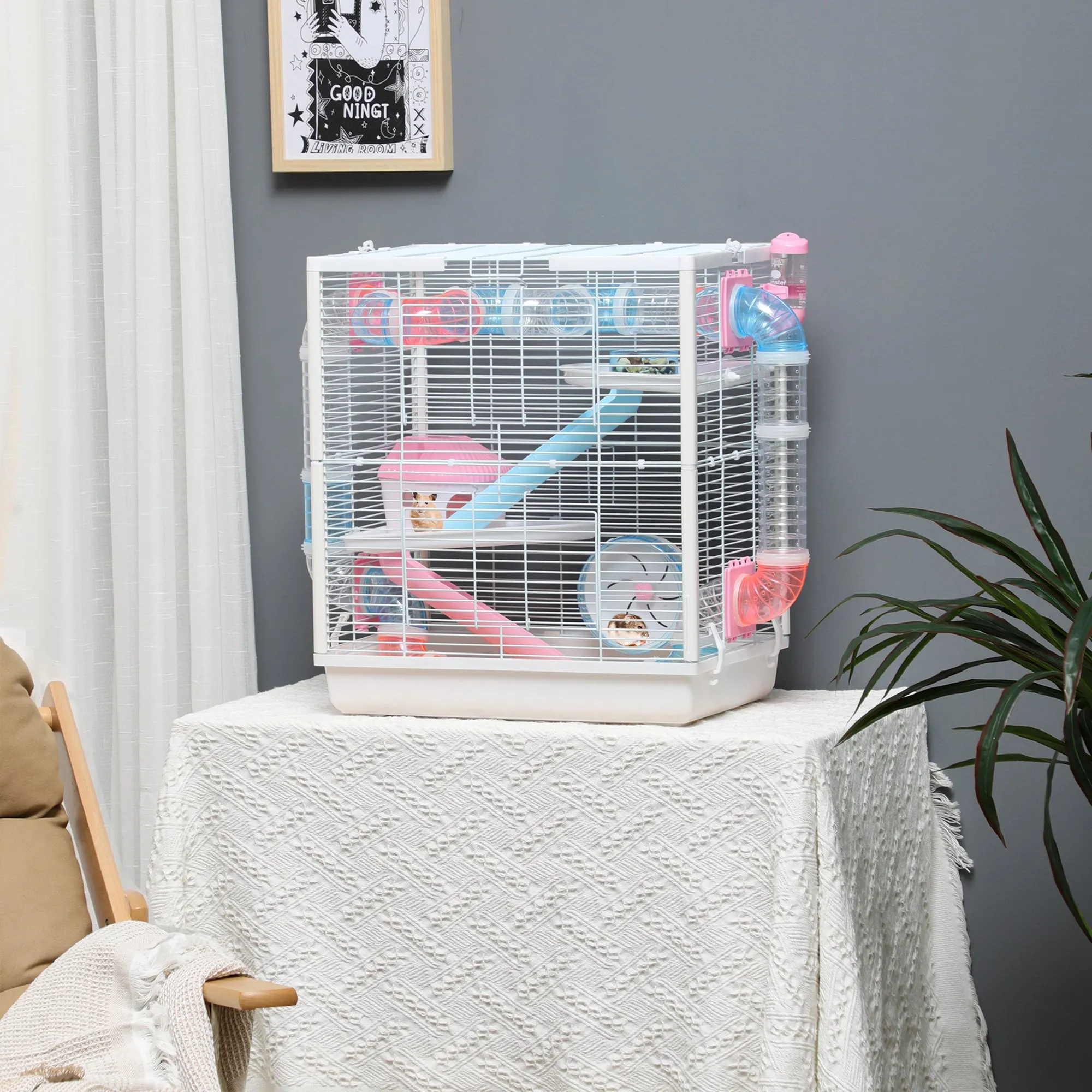 PawHut Hamster Cage w/ Tunnel Tube, Detachable Bottom, Ramps, Exercise Wheel