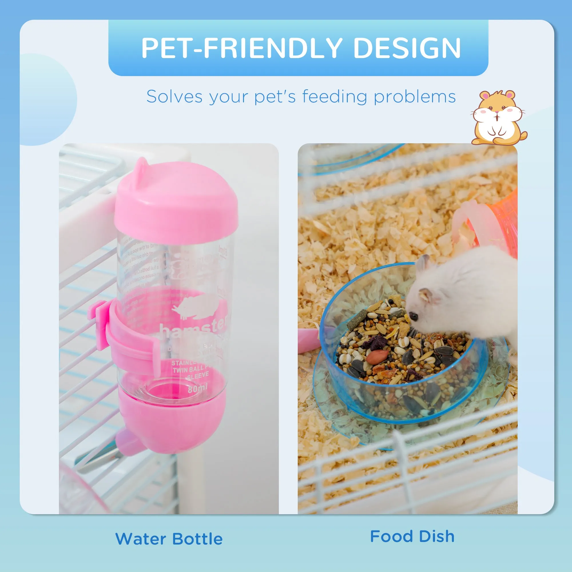 PawHut Hamster Cage w/ Tunnel Tube, Detachable Bottom, Ramps, Exercise Wheel