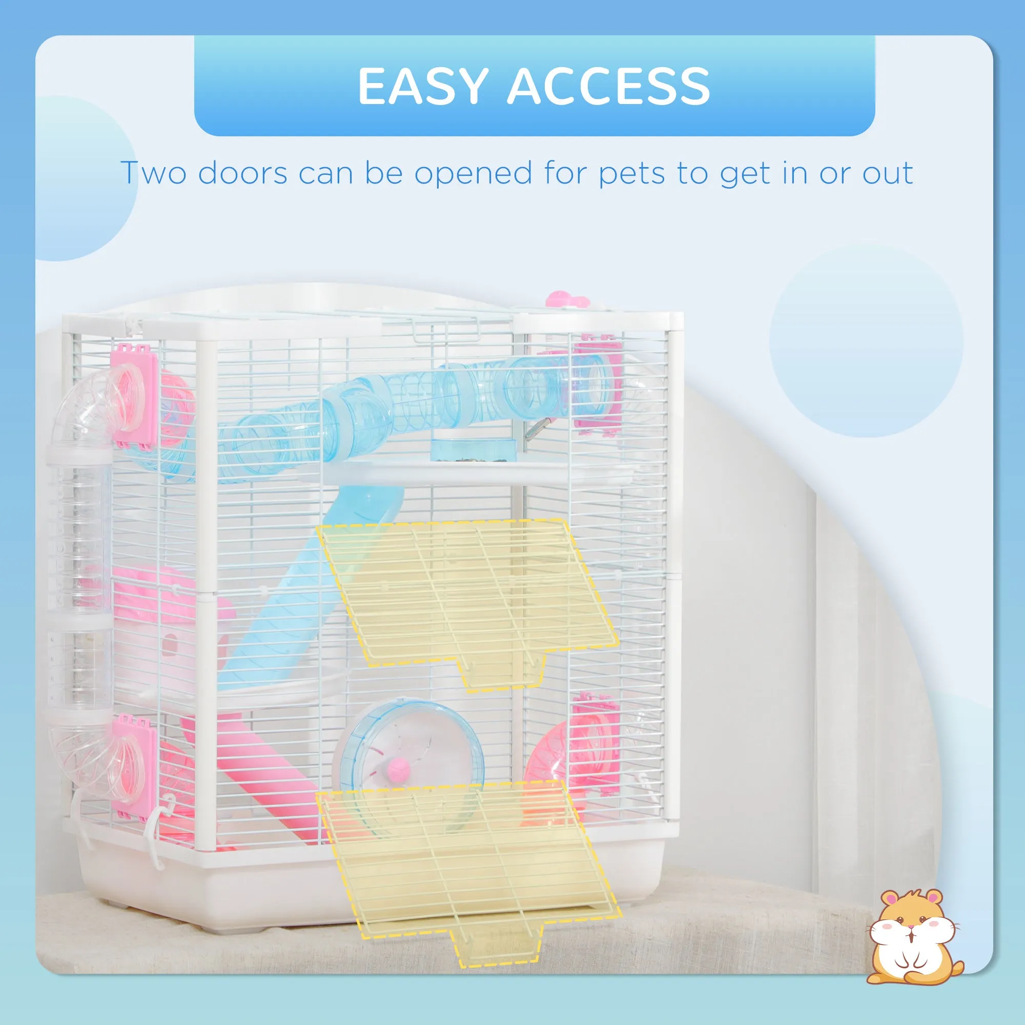 PawHut Hamster Cage w/ Tunnel Tube, Detachable Bottom, Ramps, Exercise Wheel