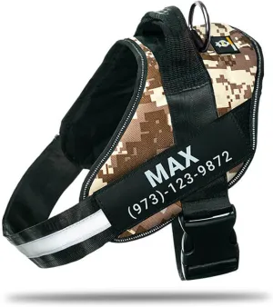 Personalized No-Pull Dog Harness with Name Patch, Adjustable, Reflective, Padded, Heavy Duty Pet Vest to Prevent Tugging, Pulling, or Choking, Training and Walking, Military Desert, 2XL