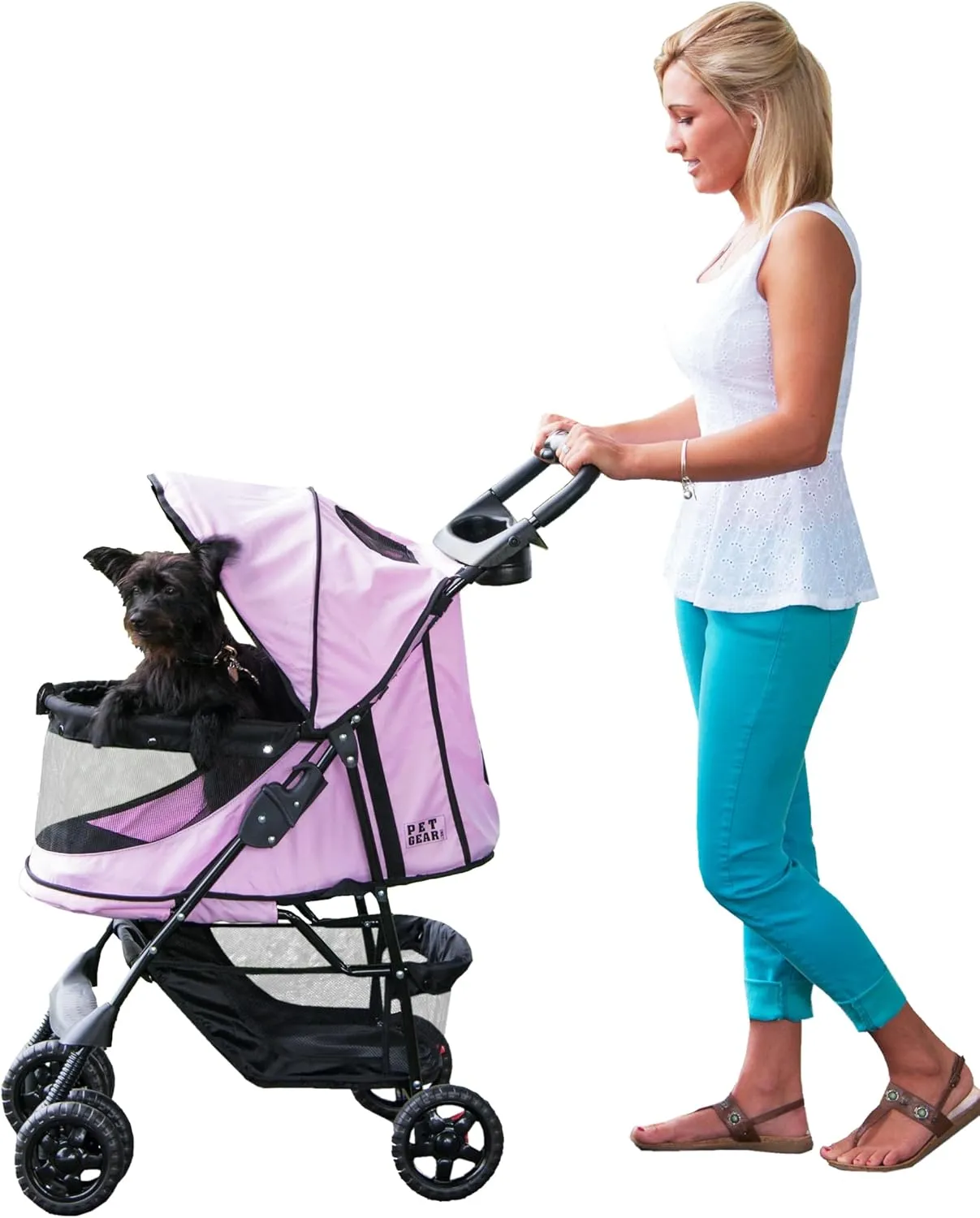 Pet Gear No-Zip Happy Trails Pet Stroller for Cats/Dogs, Zipperless Entry, Easy Fold with Removable Liner, Safety Tether, Storage Basket   Cup Holder, 3 Colors New Pink Diamond