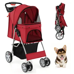 PETSITE Folding Dog Stroller, Pet Stroller with Storage Basket & Cup Holder for Small Medium Dogs & Cats, Red
