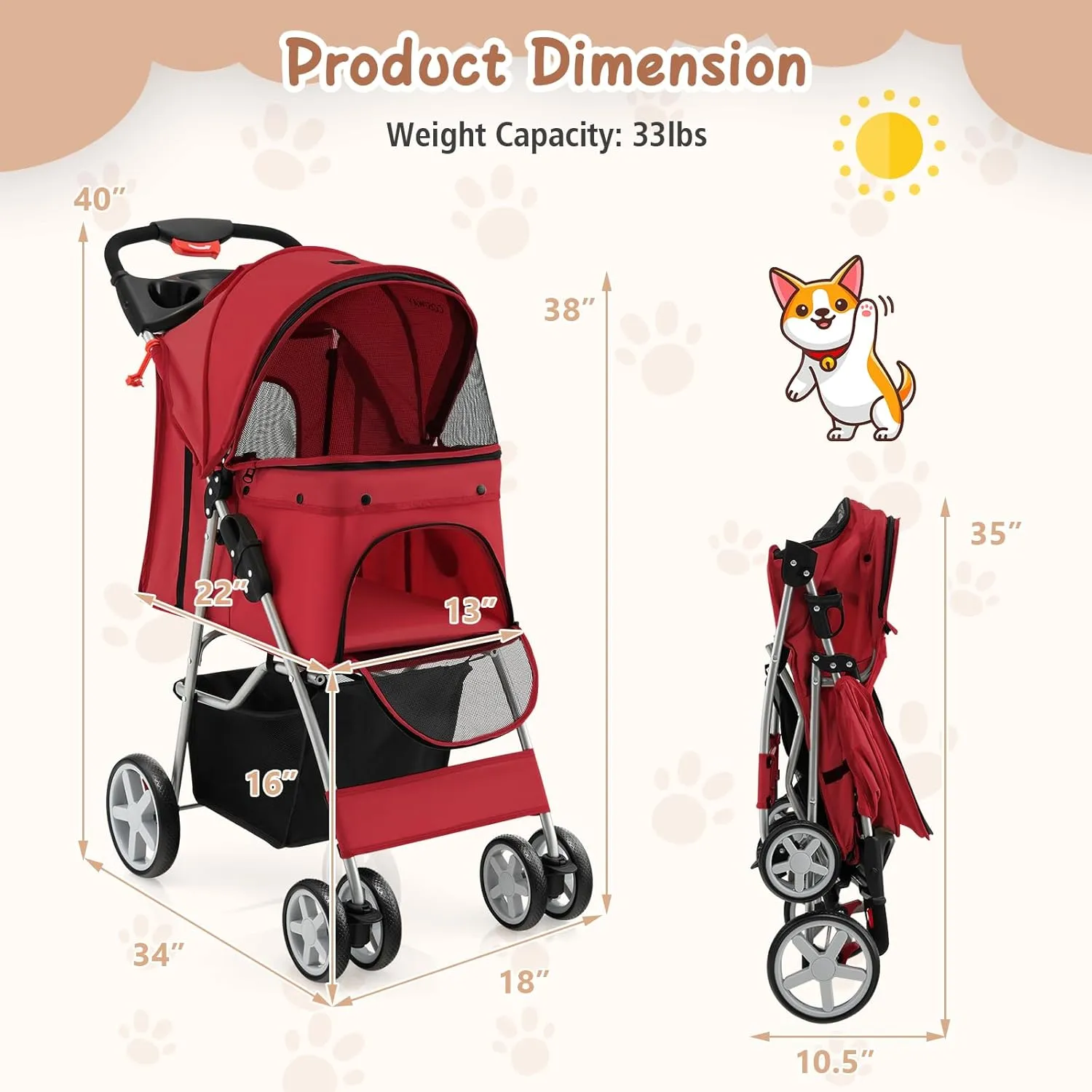 PETSITE Folding Dog Stroller, Pet Stroller with Storage Basket & Cup Holder for Small Medium Dogs & Cats, Red