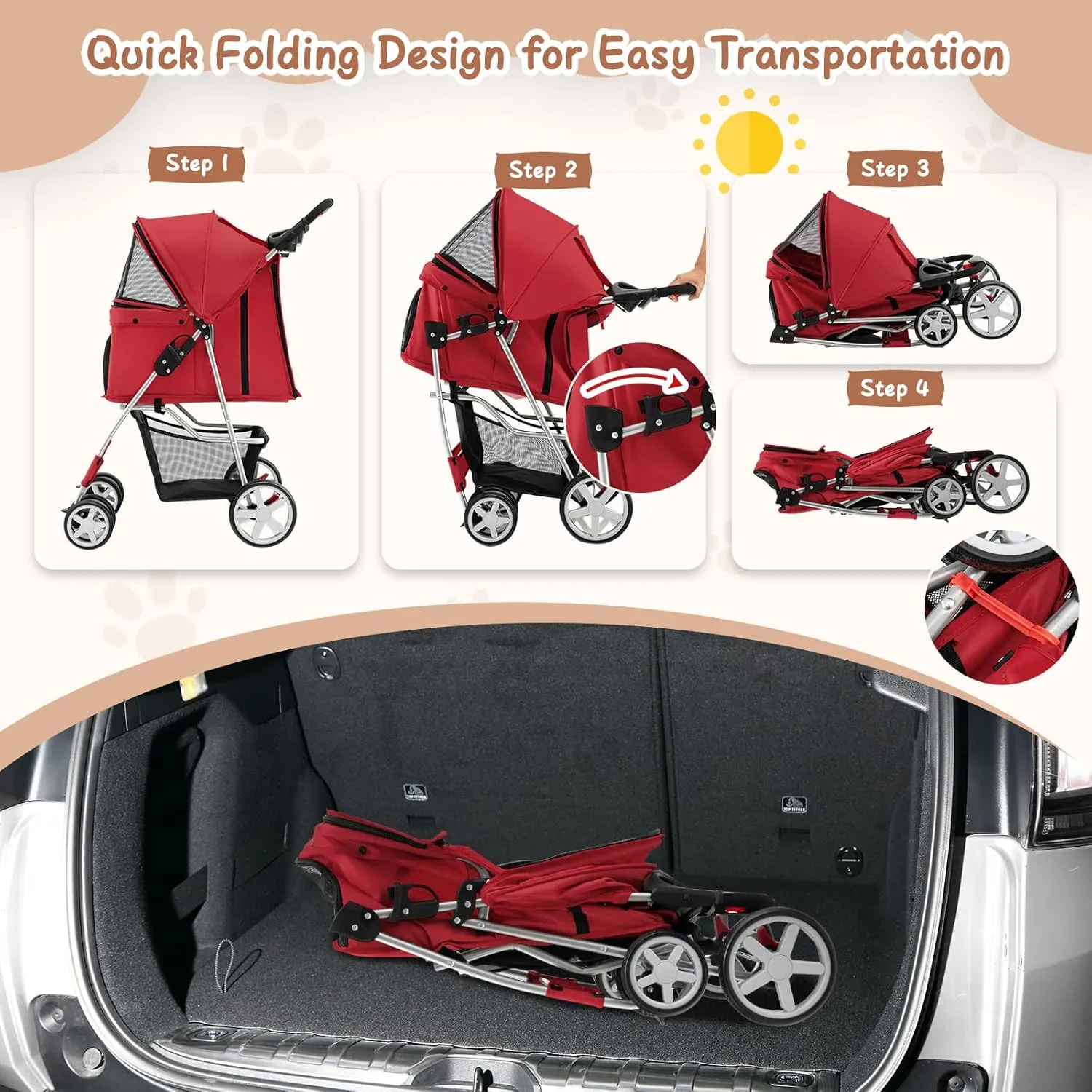 PETSITE Folding Dog Stroller, Pet Stroller with Storage Basket & Cup Holder for Small Medium Dogs & Cats, Red