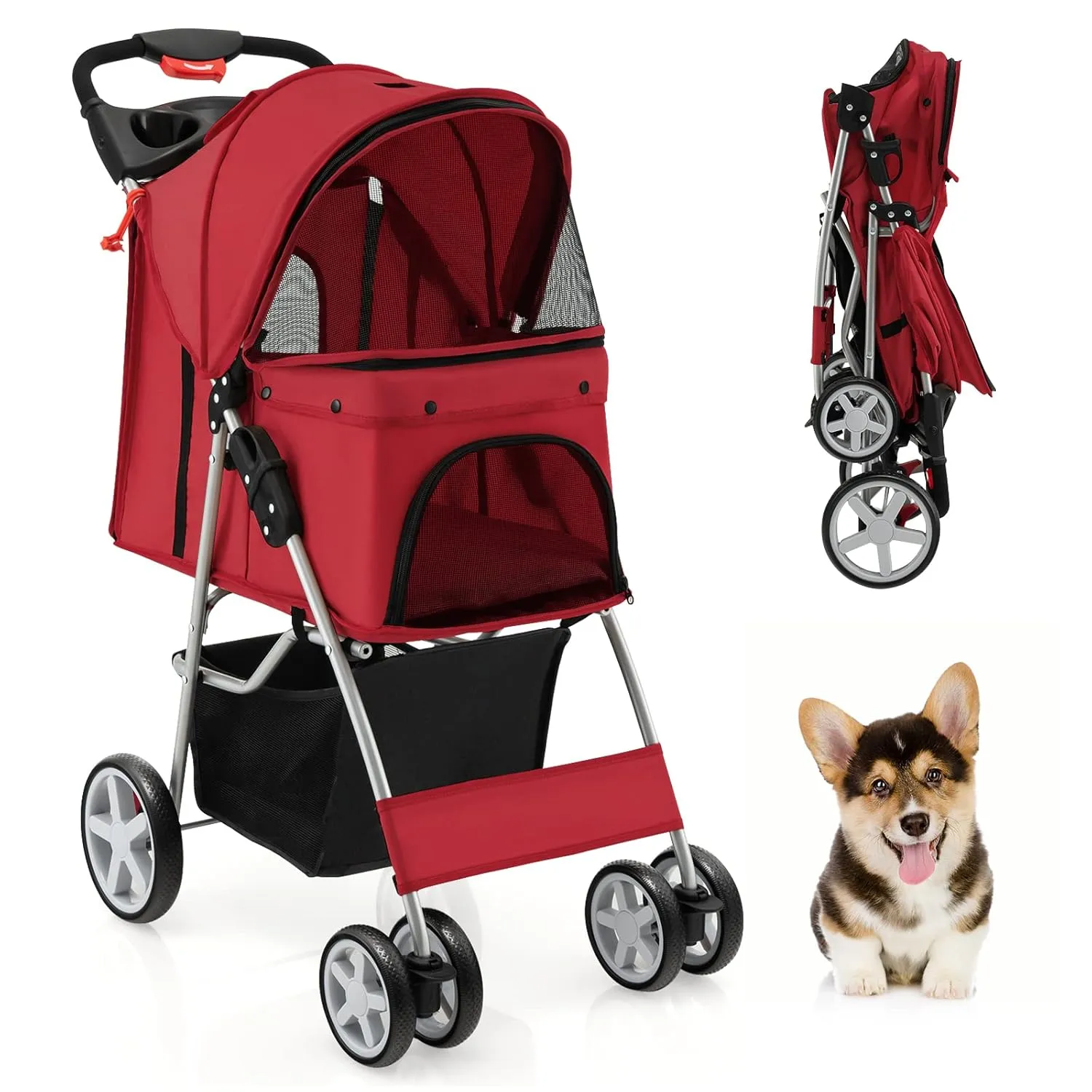 PETSITE Folding Dog Stroller, Pet Stroller with Storage Basket & Cup Holder for Small Medium Dogs & Cats, Red