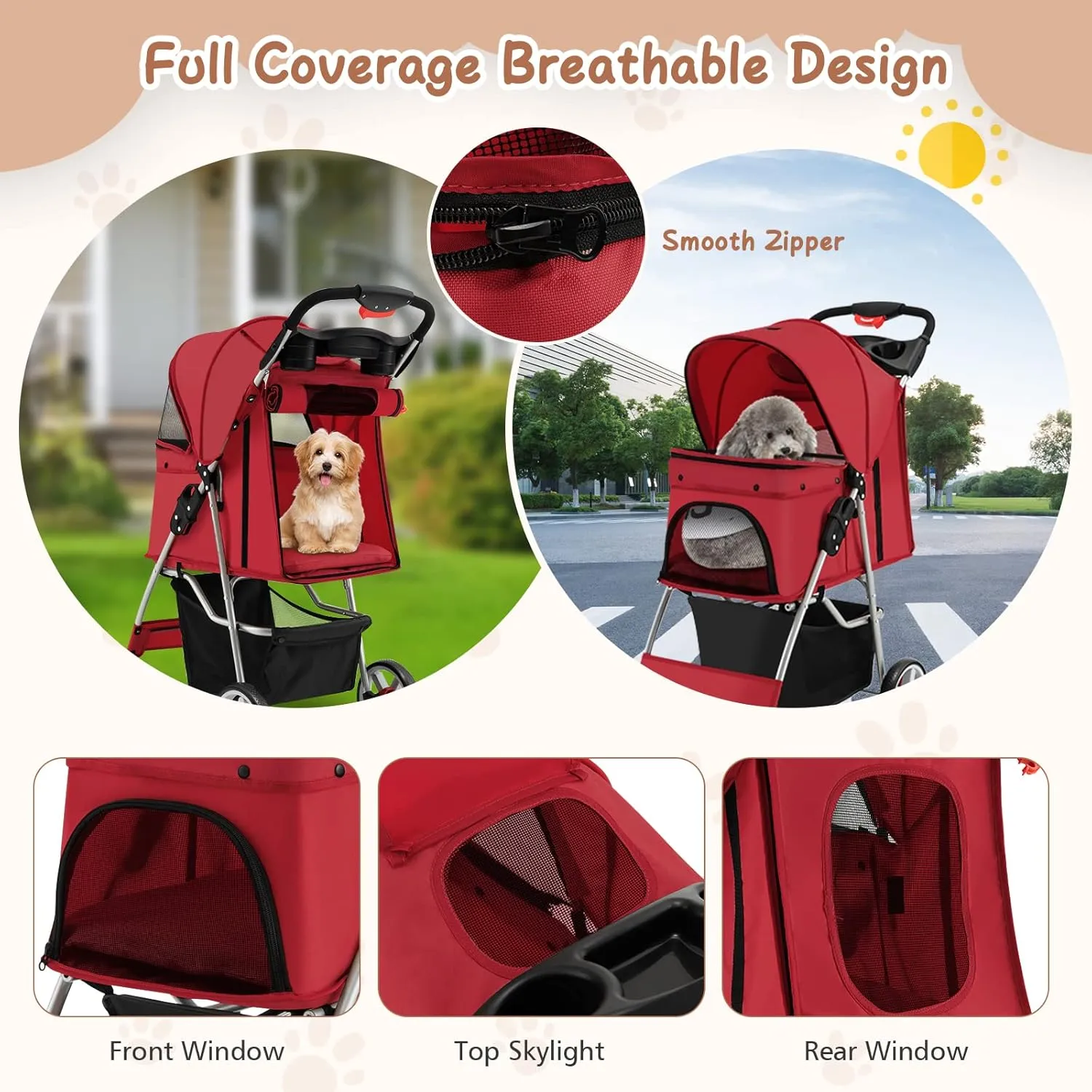 PETSITE Folding Dog Stroller, Pet Stroller with Storage Basket & Cup Holder for Small Medium Dogs & Cats, Red