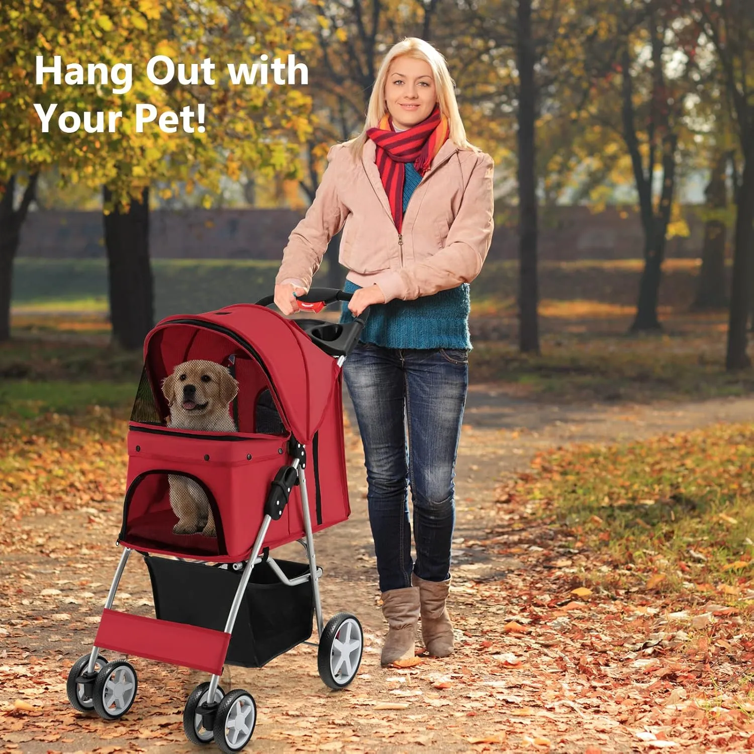 PETSITE Folding Dog Stroller, Pet Stroller with Storage Basket & Cup Holder for Small Medium Dogs & Cats, Red