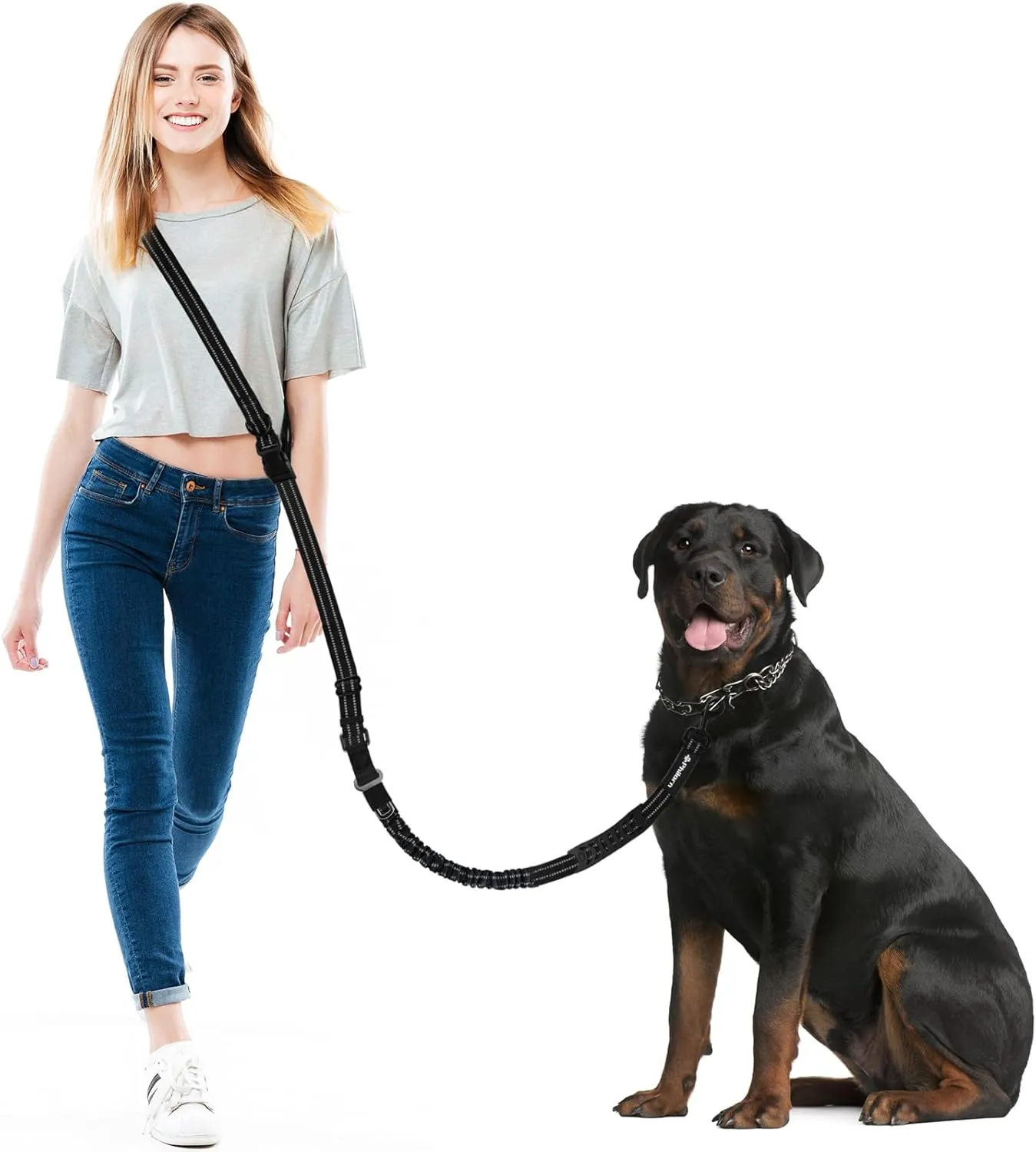 Philorn Hands Free Dog Leash, Crossbody Dog Leash, Multifunctional Waist Walking Belt with Car Safety Buckle for Large and Medium Dogs Jogging,Running,Training (Black, 25-120 lbs)