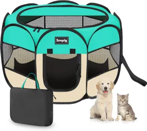 Portable Pet Dog Playpen, Pet Playpen Foldable Extra Heavy Duty Pop Up No Assembly Kennel Tent Crate Indoor Outdoor with Shade Ventilation Mesh for Small Dog, Kitten, Cat, Rabbit (Turquoise)