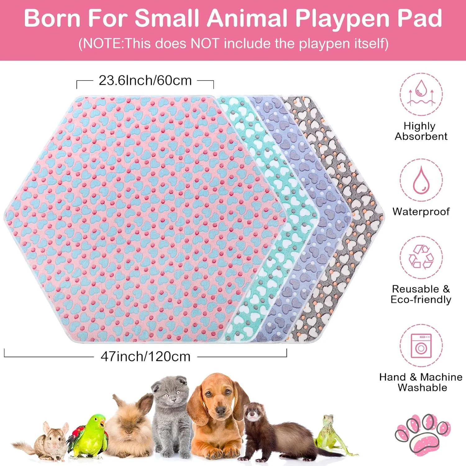 Preboun 4 Pcs 47 in Guinea Pig Playpen Pad Waterproof Hexagon Mat Reusable Dog Playpen Liner for Small Animal Rabbit Cage Tent Pee Pad Washable Yard Fence(Heart)