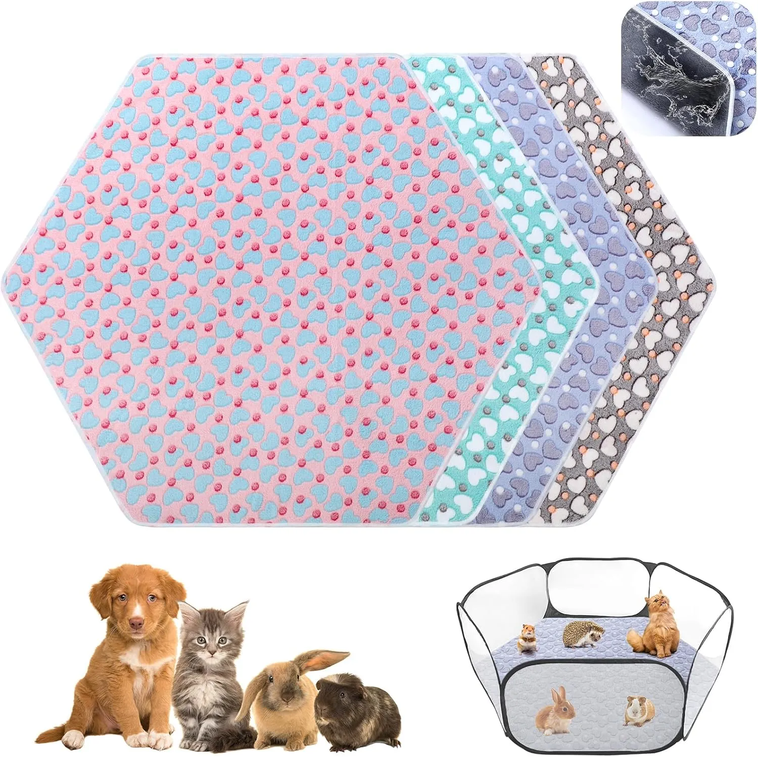 Preboun 4 Pcs 47 in Guinea Pig Playpen Pad Waterproof Hexagon Mat Reusable Dog Playpen Liner for Small Animal Rabbit Cage Tent Pee Pad Washable Yard Fence(Heart)