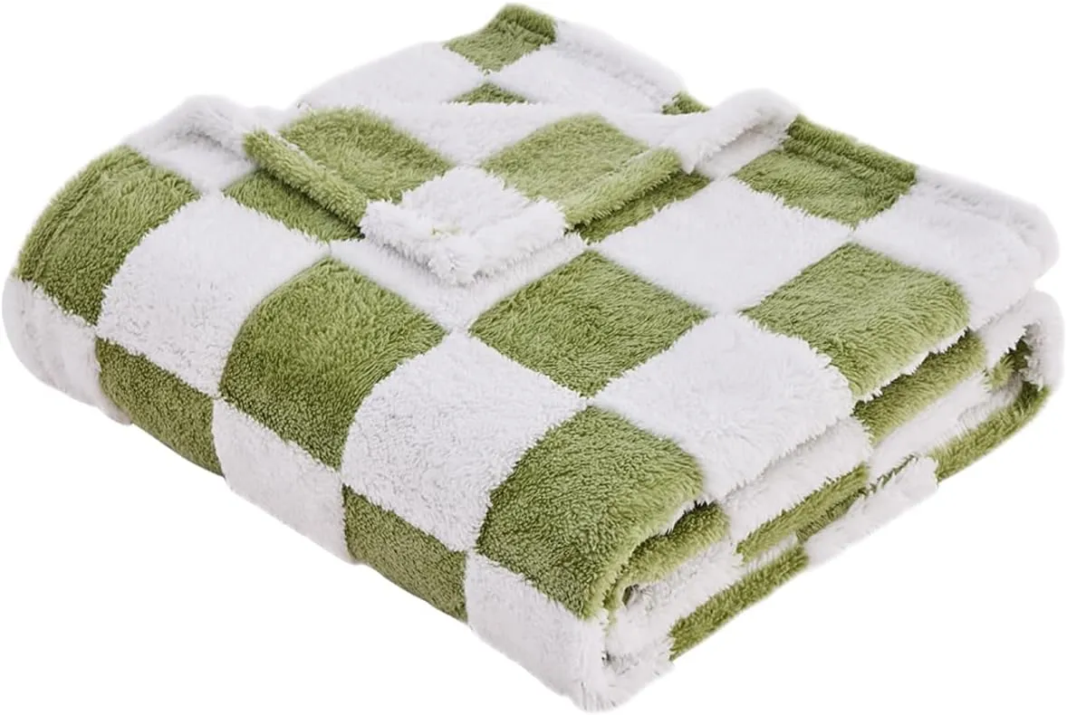 Qeils Jacquard Dog Blankets for Large Dogs, Cozy Calming Cat Blankets Washable, 280GSM Coral Fleece Plush Fluffy Throw Blanket, Sage Green Checkered, 30x40IN