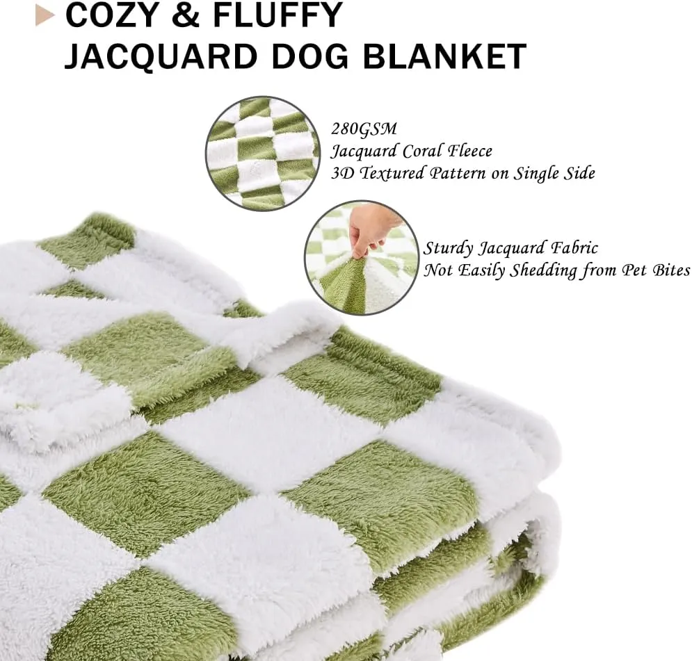 Qeils Jacquard Dog Blankets for Large Dogs, Cozy Calming Cat Blankets Washable, 280GSM Coral Fleece Plush Fluffy Throw Blanket, Sage Green Checkered, 30x40IN