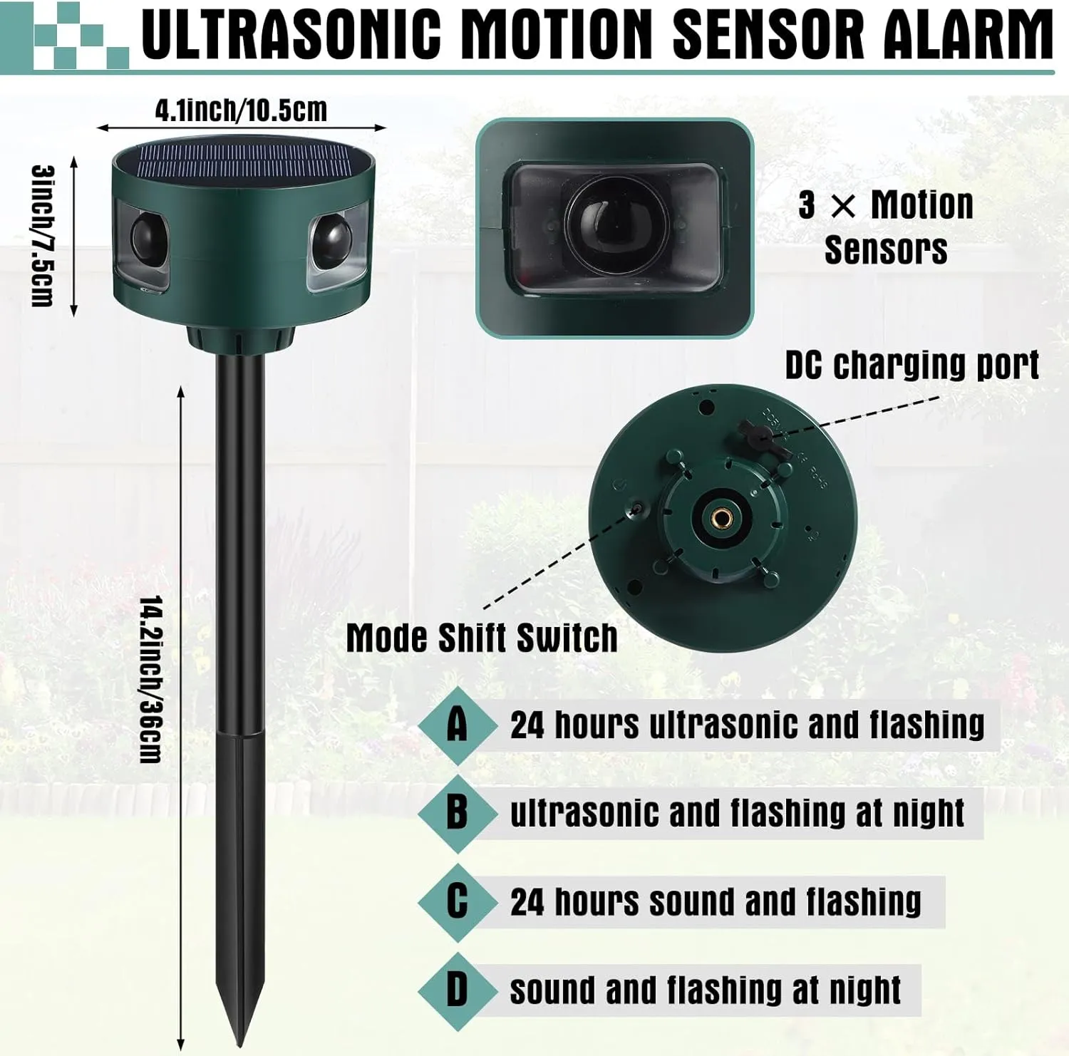 Qualirey 4 Pack Infrared Solar Outdoor Motion Sensor Alarm Animal Deterrent 129db Lound Noise Maker Multiple Work Modes Strobe Light with Remote Control USB Charging Cable for Home, Yard, Farm, Garden