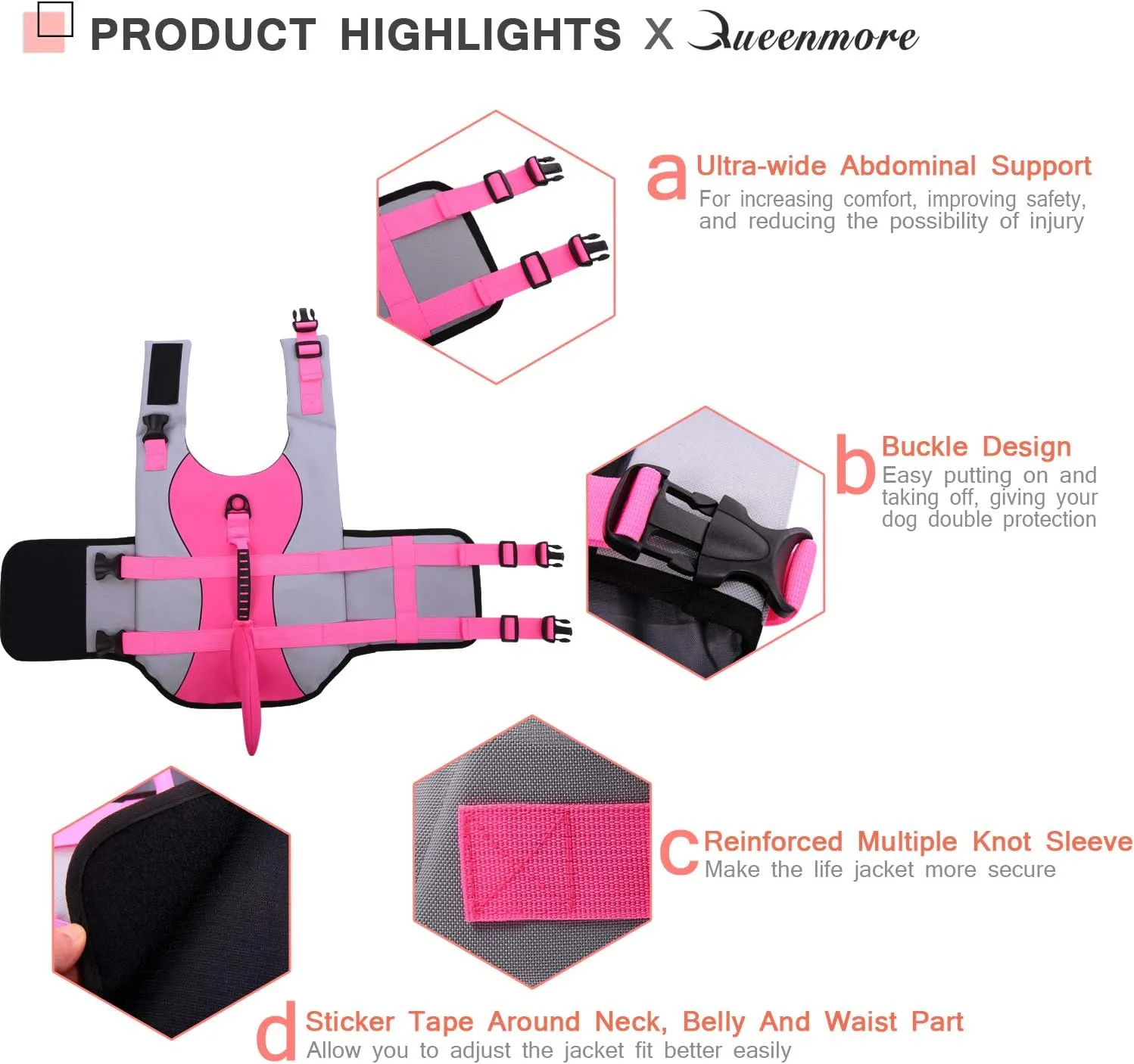 Queenmore Dog Life Jacket Ripstop Shark Dog Safety Vest Adjustable Preserver with High Buoyancy and Durable Rescue Handle for Small,Medium,Large Dogs, Pink Shark Small
