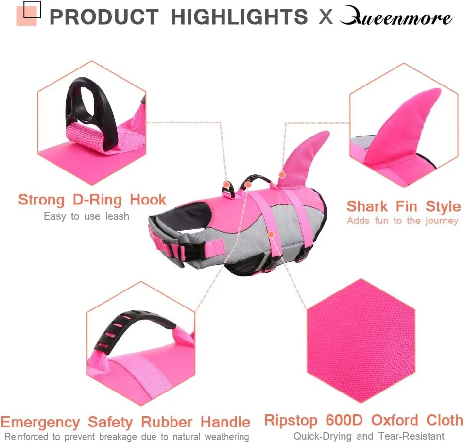 Queenmore Dog Life Jacket Ripstop Shark Dog Safety Vest Adjustable Preserver with High Buoyancy and Durable Rescue Handle for Small,Medium,Large Dogs, Pink Shark Small