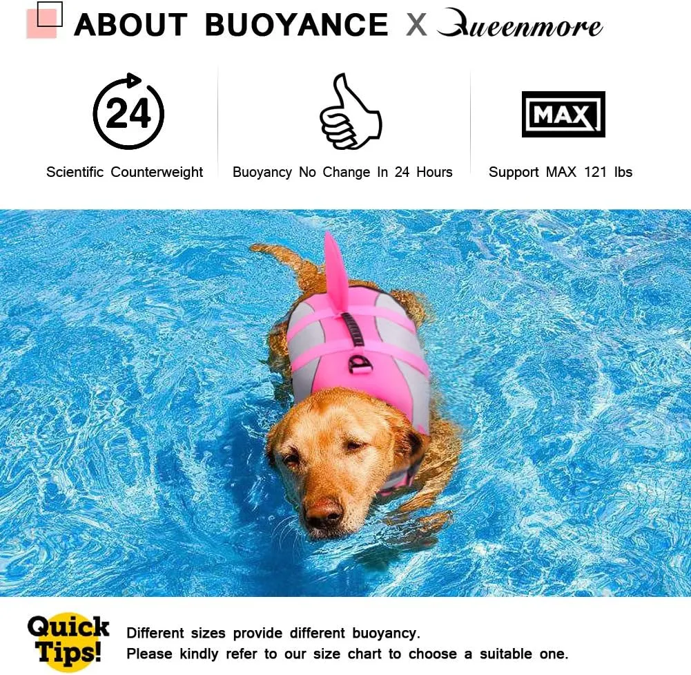 Queenmore Dog Life Jacket Ripstop Shark Dog Safety Vest Adjustable Preserver with High Buoyancy and Durable Rescue Handle for Small,Medium,Large Dogs, Pink Shark Small