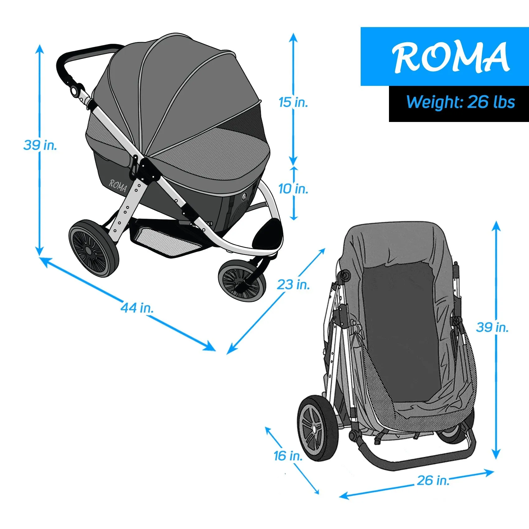 "Roma Performance Jogging Sports Stroller: The Perfect Companion for Active Small/Medium Dogs, Cats, and Pets up to 50lbs!"