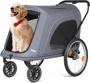 R8 Pro Extra Large Foldable Pet Stroller, Dog Stroller & Pet Trailer for Large Dogs Under 100 lbs, Unmovable, Disabled & Pregnant Dogs - Conveniently Carriable by Bike and Car, Grey