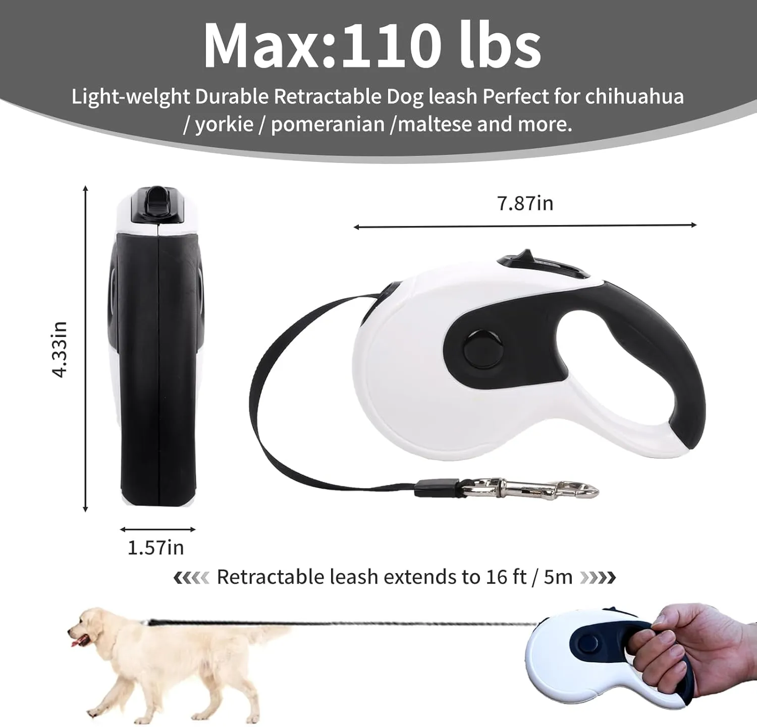 Retractable Dog Leash with Anti-Slip Soft Grip 16 ft Heavy Duty Reflective Nylon Tape Lead for Pets up to 88lbs Long Dog Leash with Anti-Twist Protection One-Handed Quick-Lock Braking System (White)