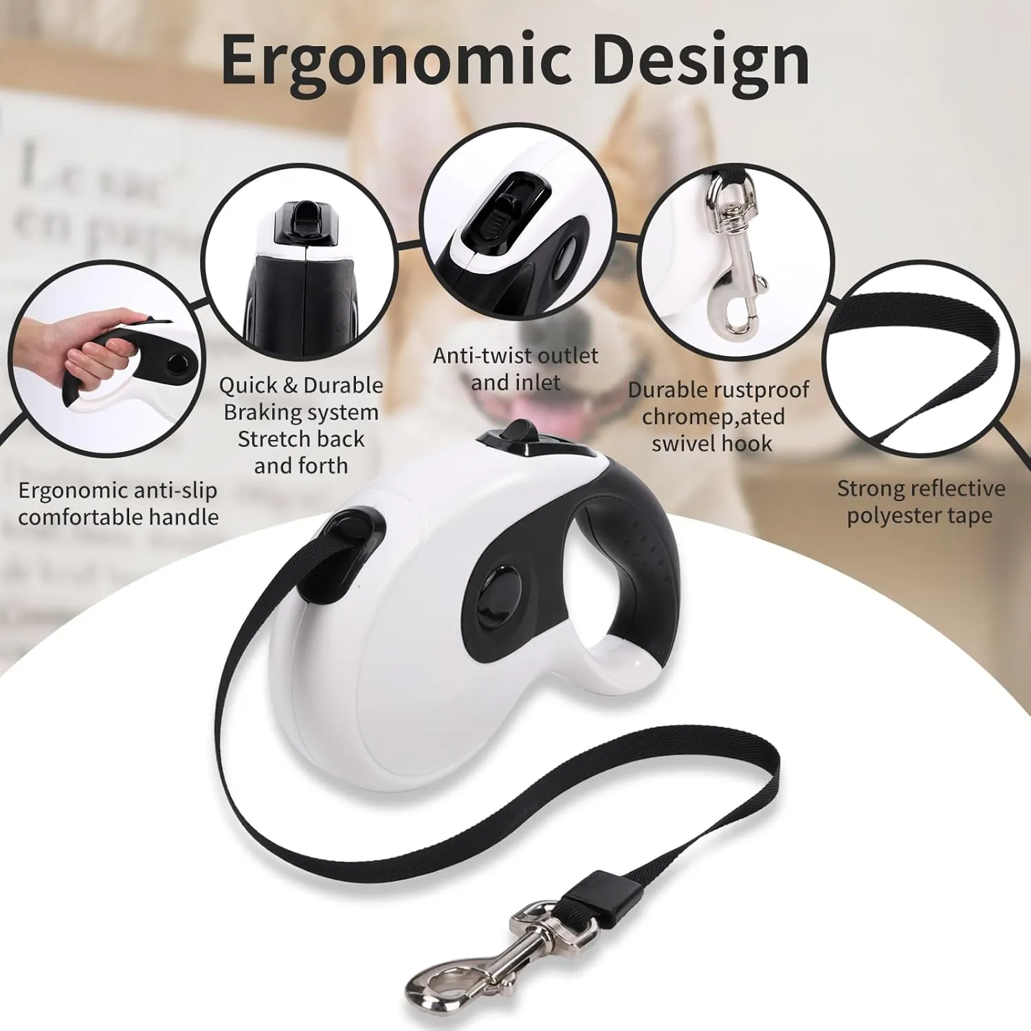 Retractable Dog Leash with Anti-Slip Soft Grip 16 ft Heavy Duty Reflective Nylon Tape Lead for Pets up to 88lbs Long Dog Leash with Anti-Twist Protection One-Handed Quick-Lock Braking System (White)