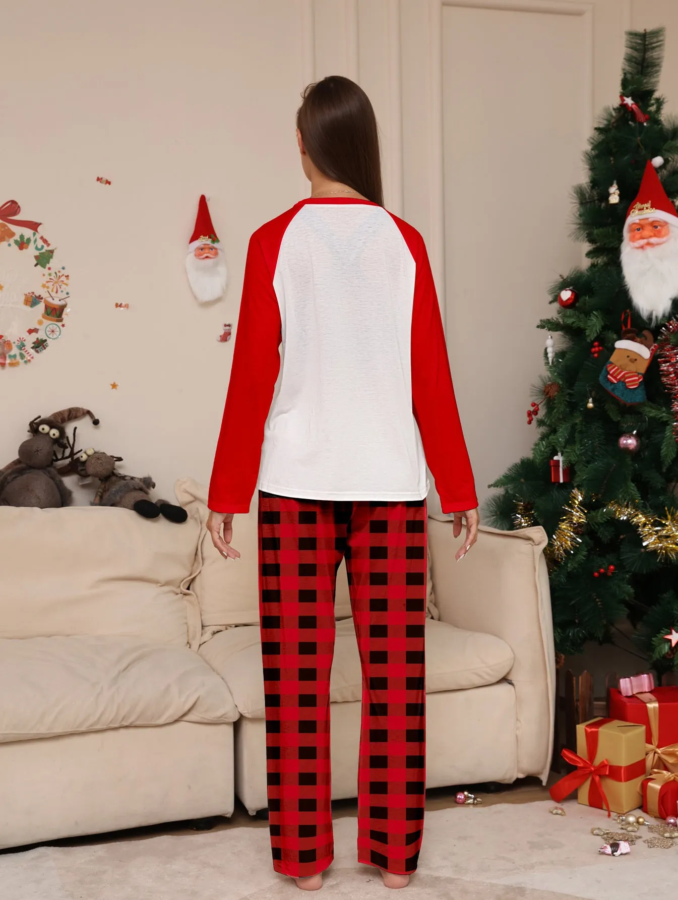 Santa Red Plaid Print Family Holiday Pajama Set
