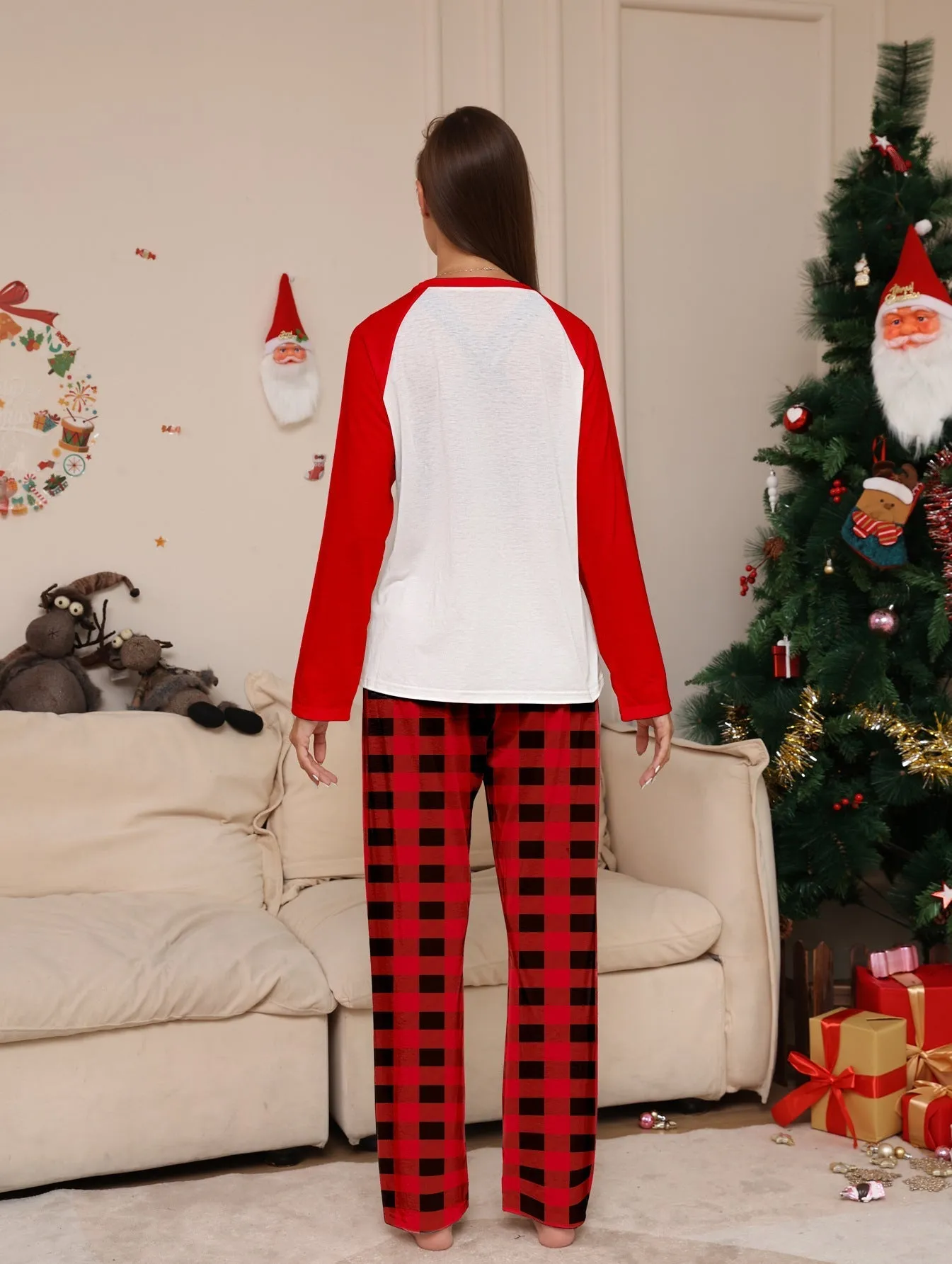Santa Red Plaid Print Family Holiday Pajama Set