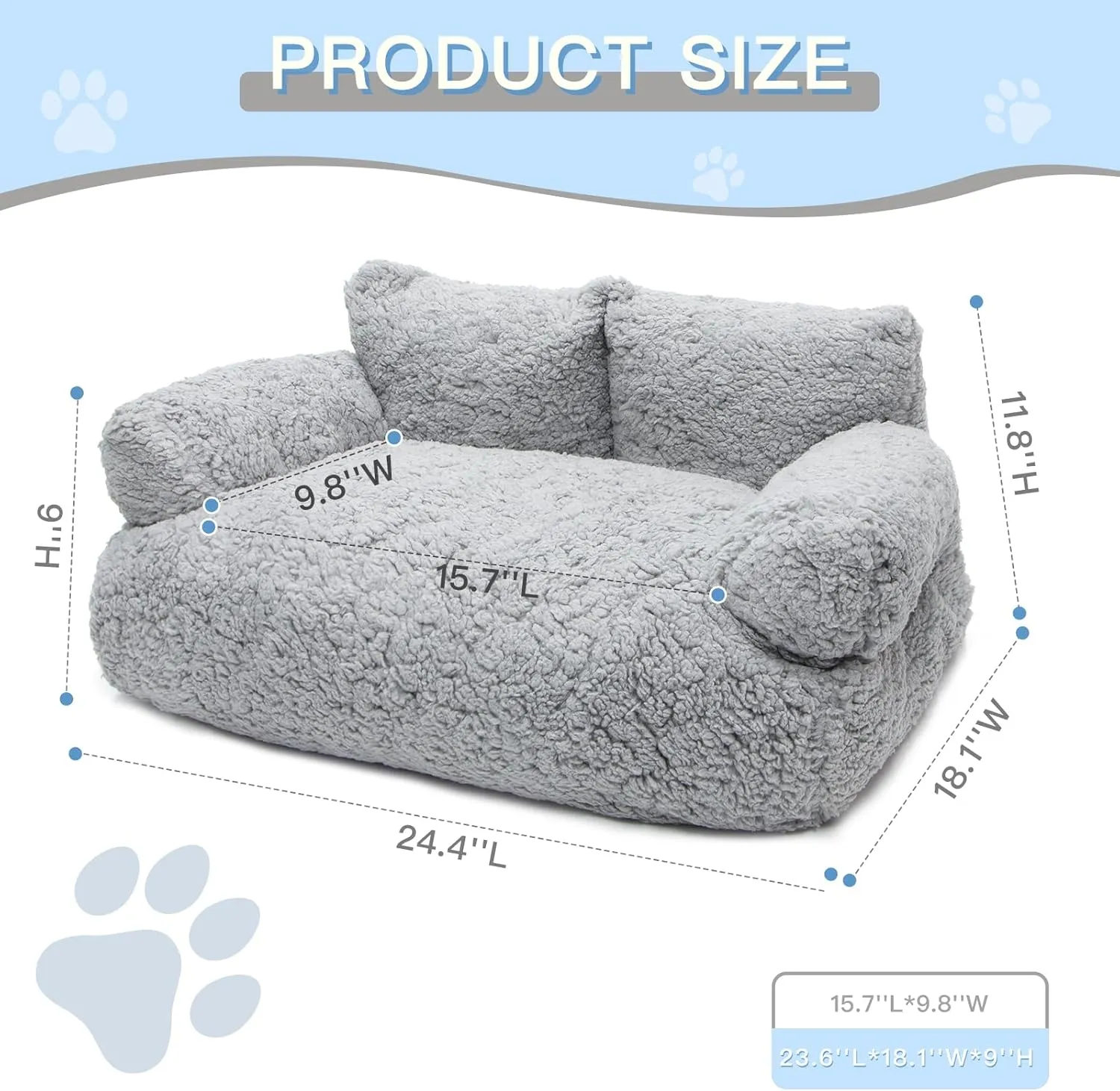 Sherpa Pet Couch Bed, Washable Cat Bed for Indoor Cats, Calming Cat Couch, Fluffy Pet Sofa Bed Puppy Sleeping Bed, Dog Couch for Medium Small Dogs & Cats up to 20lbs, Light Gray, Large