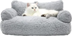 Sherpa Pet Couch Bed, Washable Cat Bed for Indoor Cats, Calming Cat Couch, Fluffy Pet Sofa Bed Puppy Sleeping Bed, Dog Couch for Medium Small Dogs & Cats up to 20lbs, Light Gray, Large