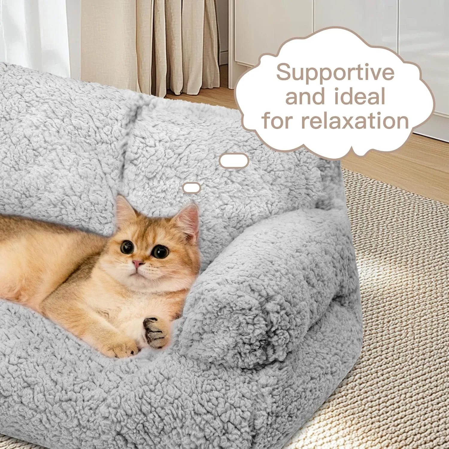 Sherpa Pet Couch Bed, Washable Cat Bed for Indoor Cats, Calming Cat Couch, Fluffy Pet Sofa Bed Puppy Sleeping Bed, Dog Couch for Medium Small Dogs & Cats up to 20lbs, Light Gray, Large