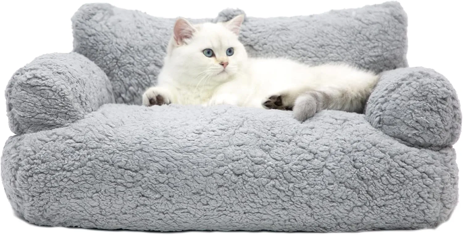 Sherpa Pet Couch Bed, Washable Cat Bed for Indoor Cats, Calming Cat Couch, Fluffy Pet Sofa Bed Puppy Sleeping Bed, Dog Couch for Medium Small Dogs & Cats up to 20lbs, Light Gray, Large