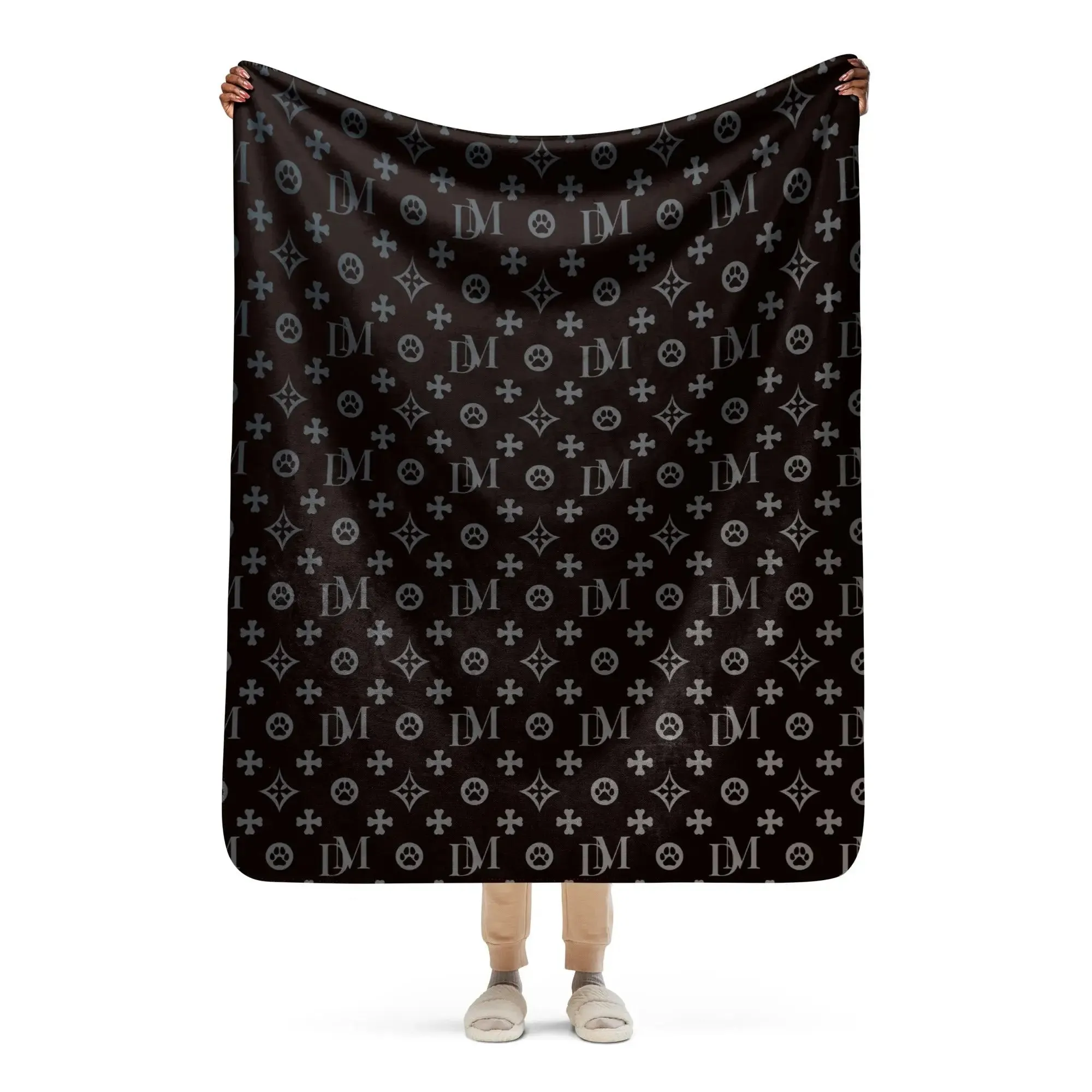 Signature Dog Mom "DM" Motif Sherpa Blanket with Ombre Overlay
