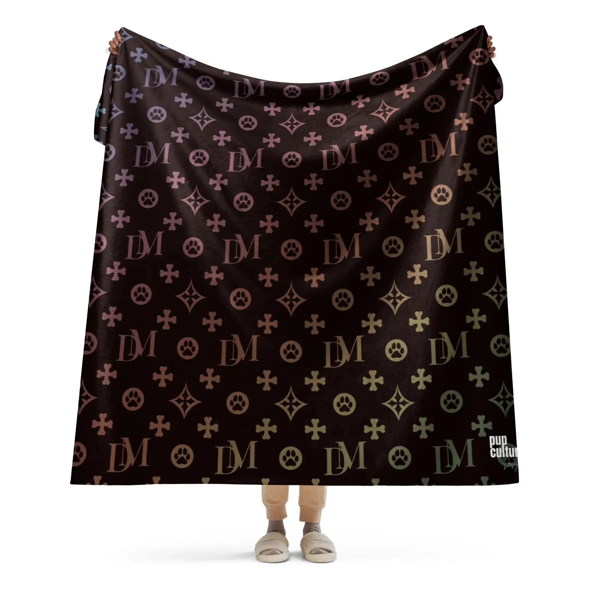 Signature Dog Mom "DM" Motif Sherpa Blanket with Ombre Overlay