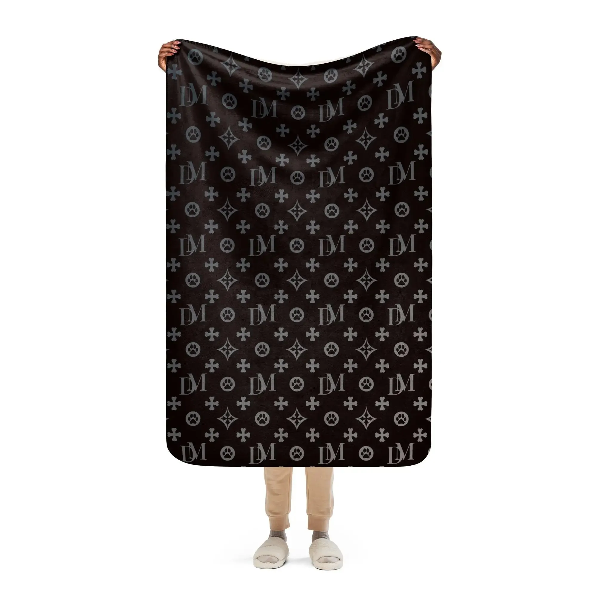 Signature Dog Mom "DM" Motif Sherpa Blanket with Ombre Overlay