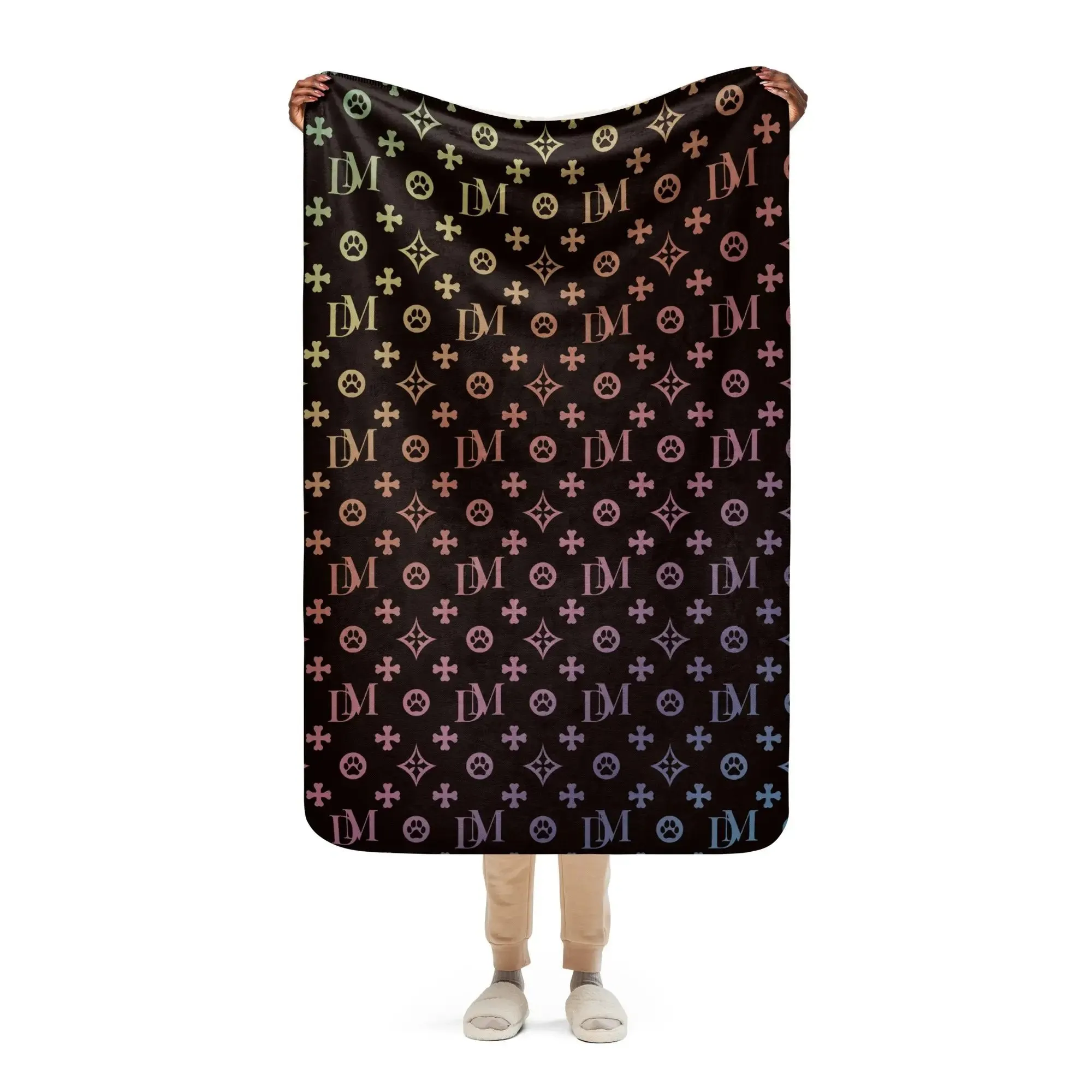 Signature Dog Mom "DM" Motif Sherpa Blanket with Ombre Overlay