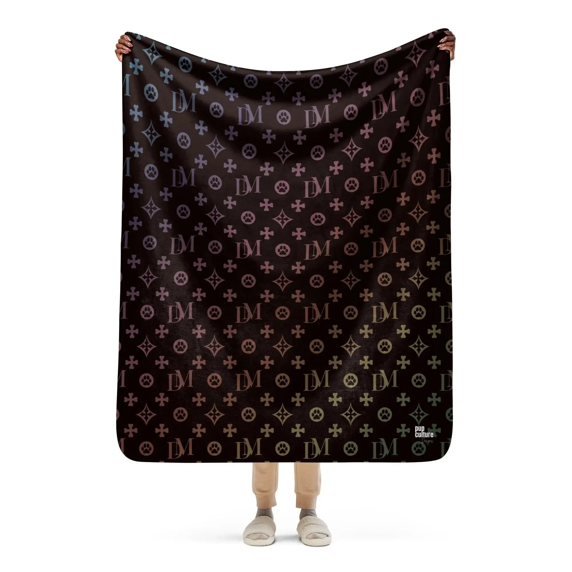 Signature Dog Mom "DM" Motif Sherpa Blanket with Ombre Overlay