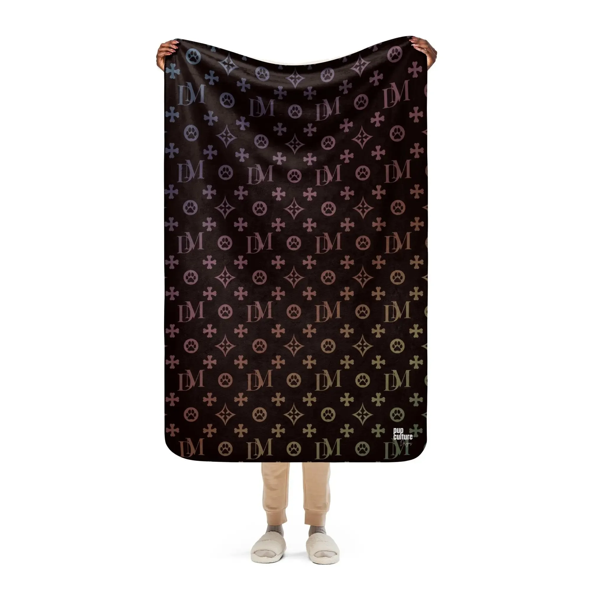 Signature Dog Mom "DM" Motif Sherpa Blanket with Ombre Overlay