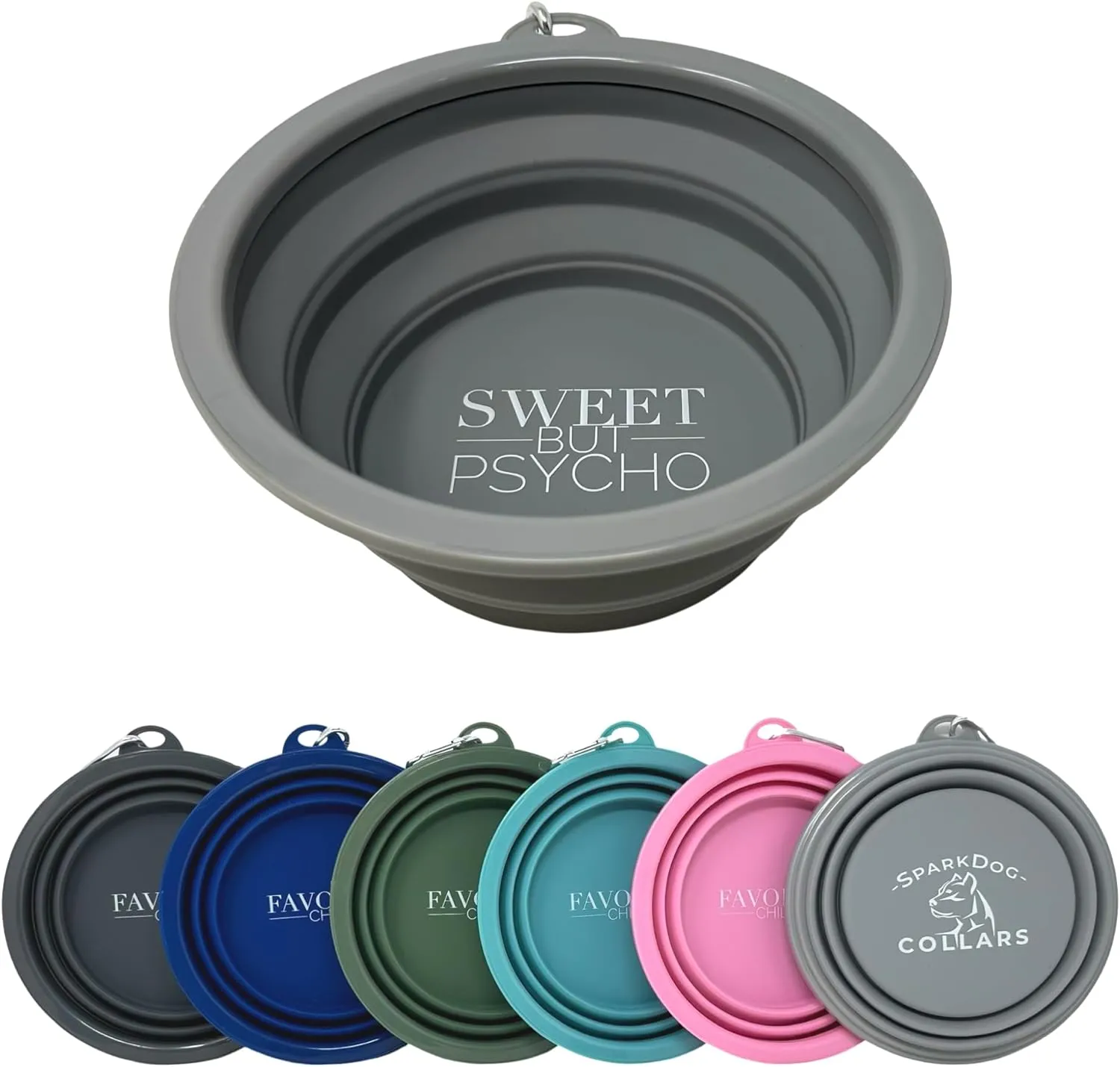 SparkDog Sweet But Psycho 1000ML Collapsible Dog Bowl  Large Silicone Travel Bowl for Pets, Sturdy Rim, Food-Grade, Portable for Dogs & Cats  Hiking, Camping, Outdoor Use (Gray 34oz/1L)