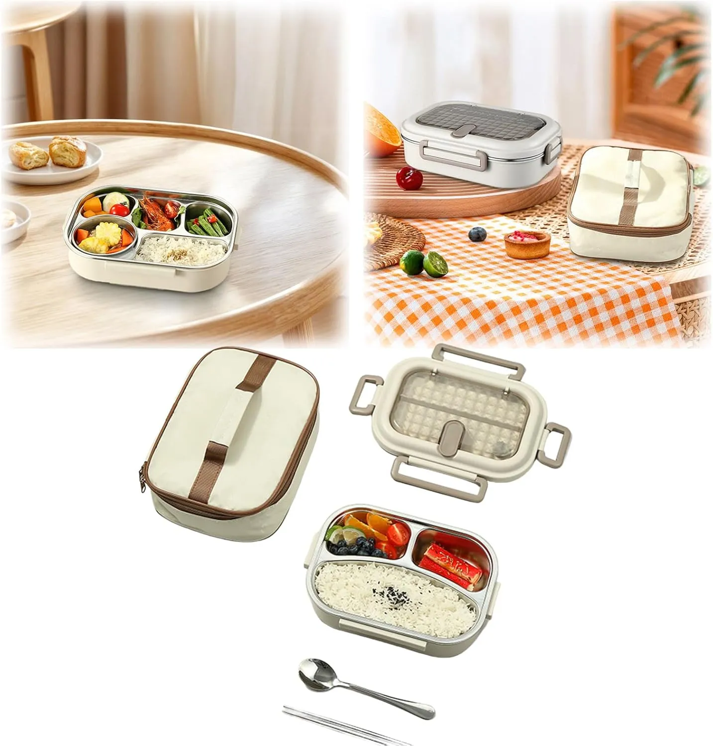 Stainless Steel Insulated Bento Box, Microwaveable Food Container with Compartments, Soup Bowl, Spoon & Chopsticks, Leak-Proof Bento Boxs for Office, School, Travel (1000ml, 3 Compartments)