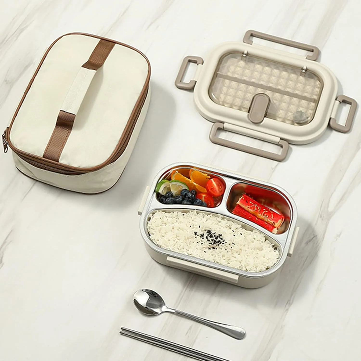 Stainless Steel Insulated Bento Box, Microwaveable Food Container with Compartments, Soup Bowl, Spoon & Chopsticks, Leak-Proof Bento Boxs for Office, School, Travel (1000ml, 3 Compartments)